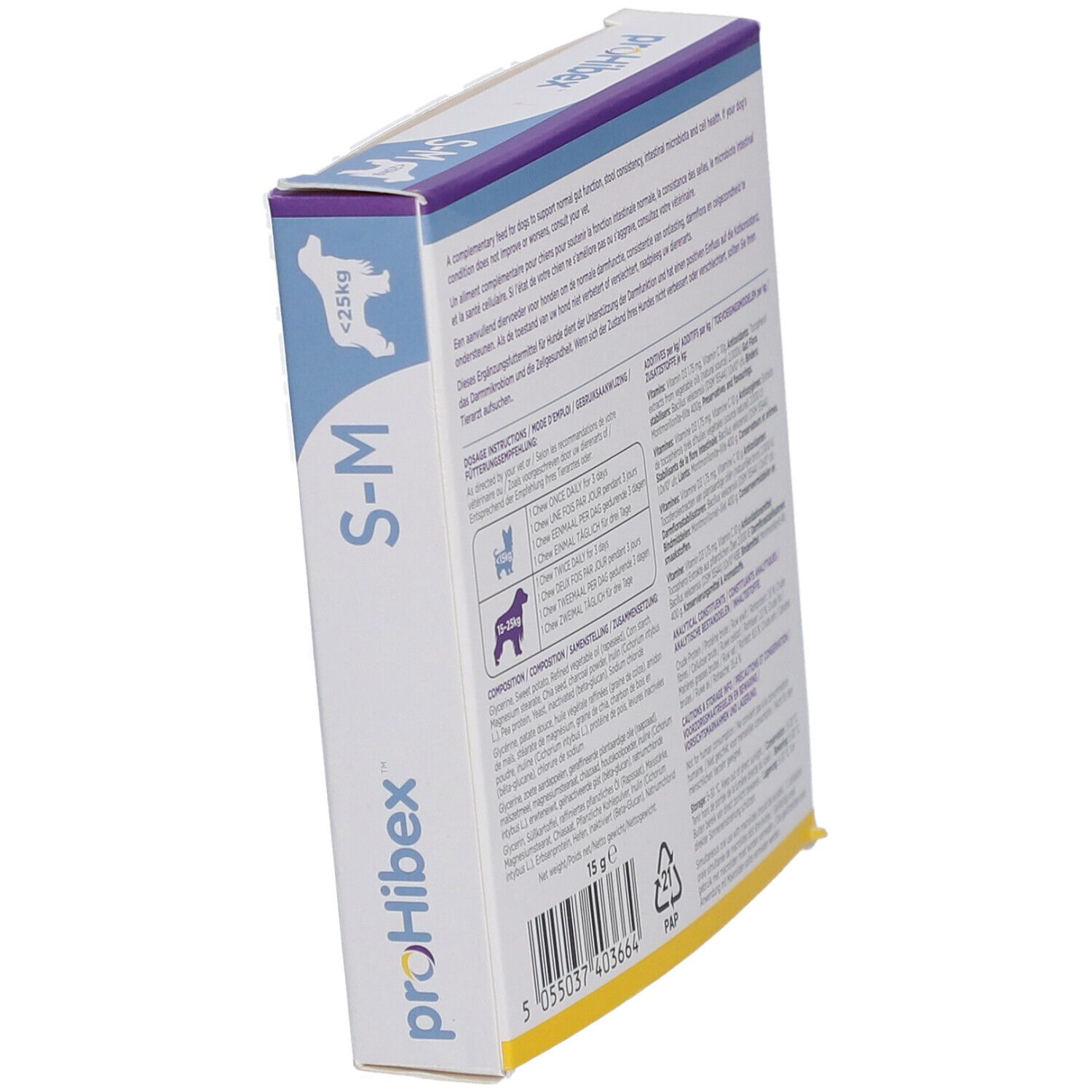 proHibex S-M Packung, schräg. Text und Informationen auf der Verpackung.