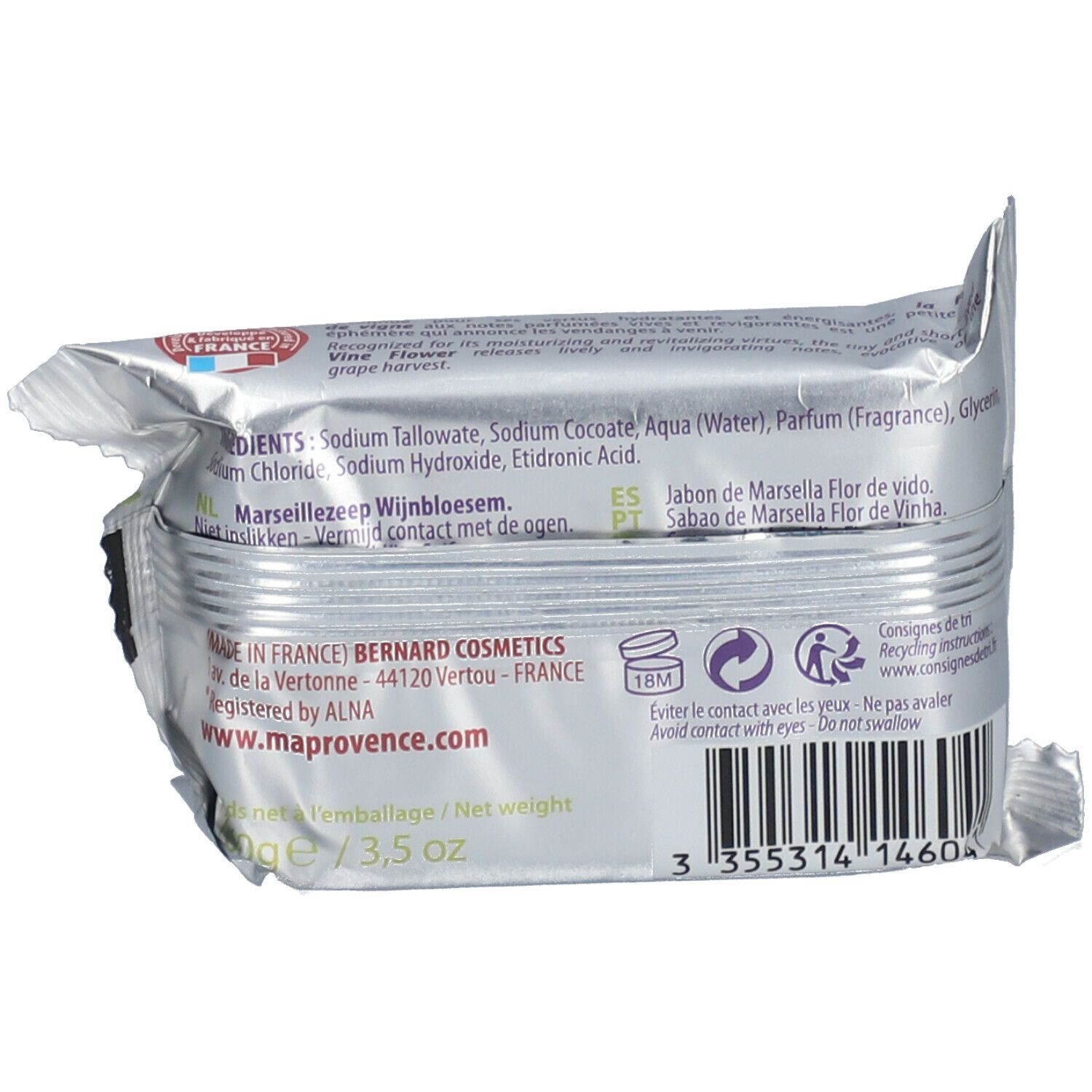 Dos du savon de Marseille MA PROVENCE®. Ingrédients, informations fabricant, code-barres et symboles de recyclage sur feuille argentée.