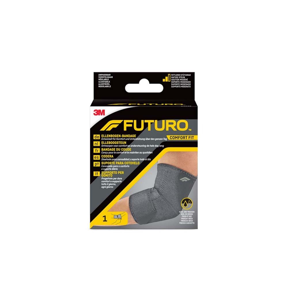 Verpackung einer grauen Ellenbogenbandage der Marke Futuro, mit Abbildung eines Arms.