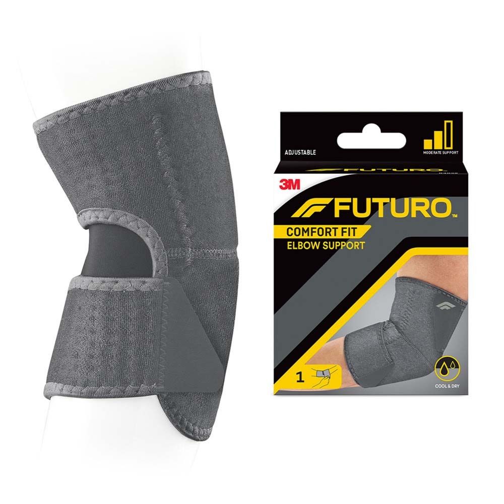 Futuro Comfort Fit Ellbogenbandage mit Klettverschluss und Aussparung für den Ellenbogen.