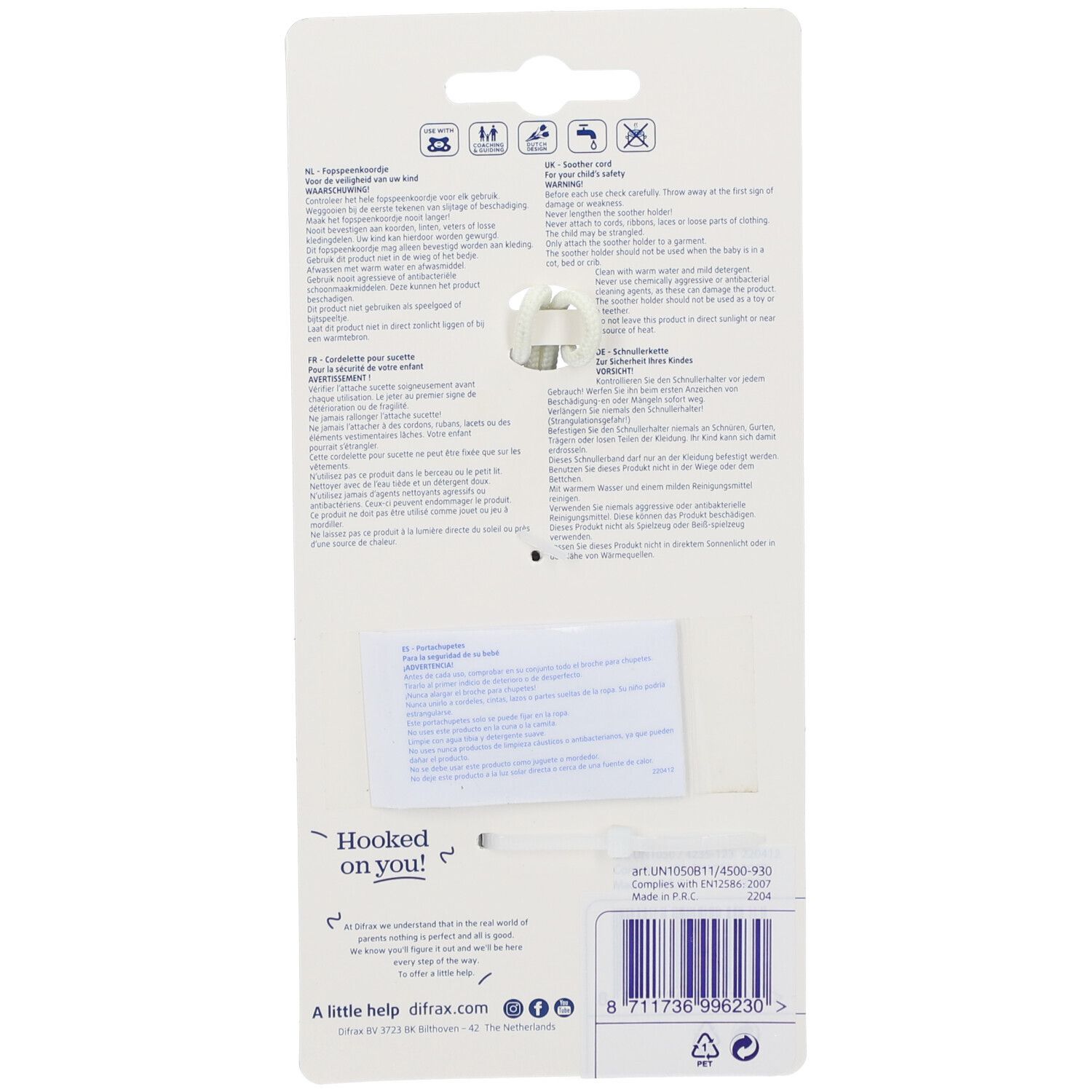 Rückseite der Blisterverpackung mit Text in mehreren Sprachen. Enthält Informationen zur Verwendung und Pflege des Produkts.