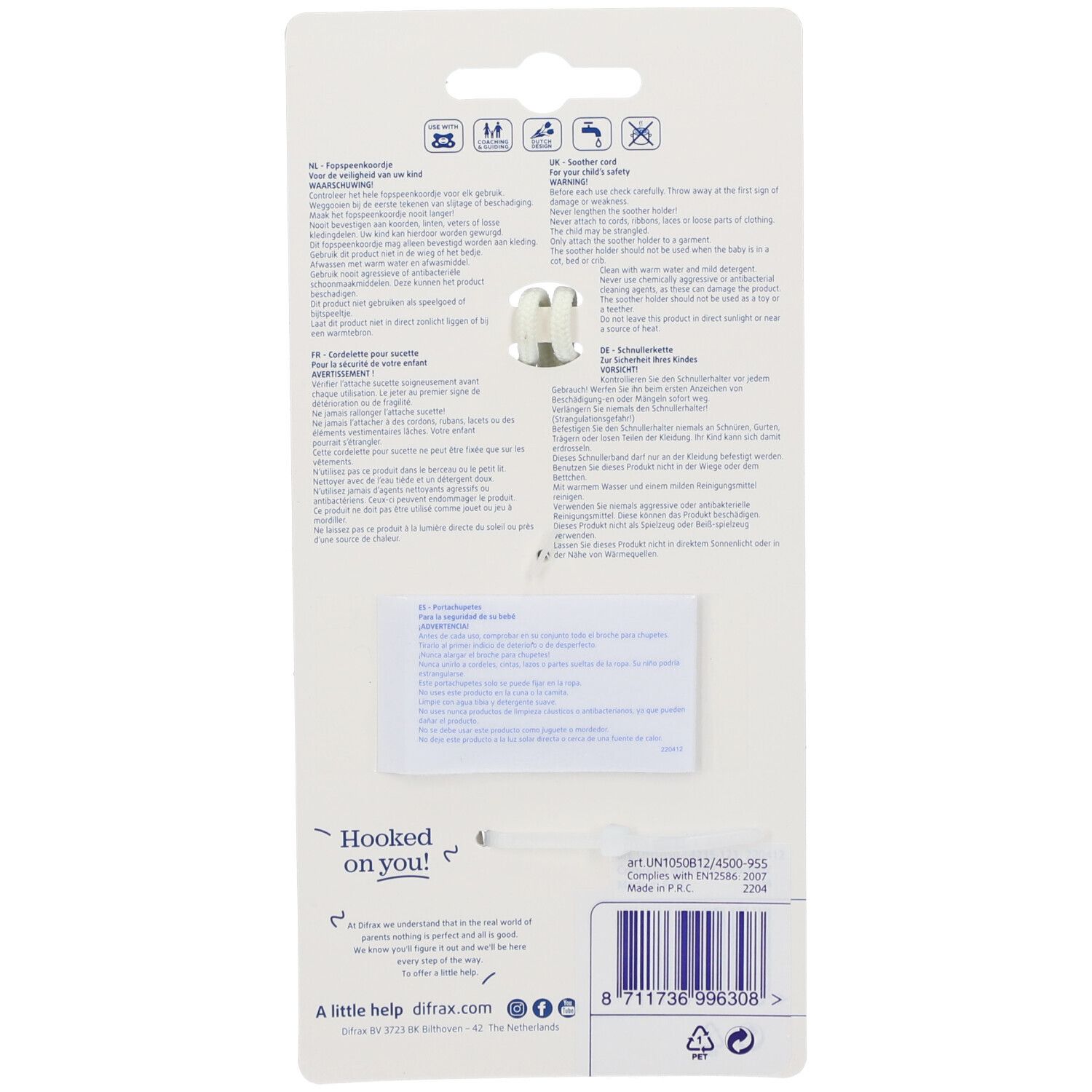 Rückseite der Verpackung des Schnullerkabels. Text und Piktogramme. Logo und Kontaktinformationen.