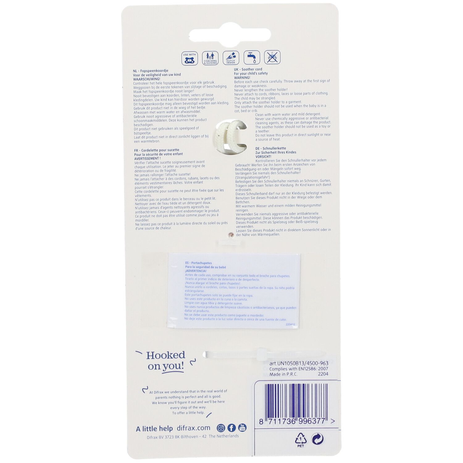 Rückseite der Blisterkarte. Text in mehreren Sprachen. Enthält Informationen zum Produkt und Hersteller. Mit Barcode.