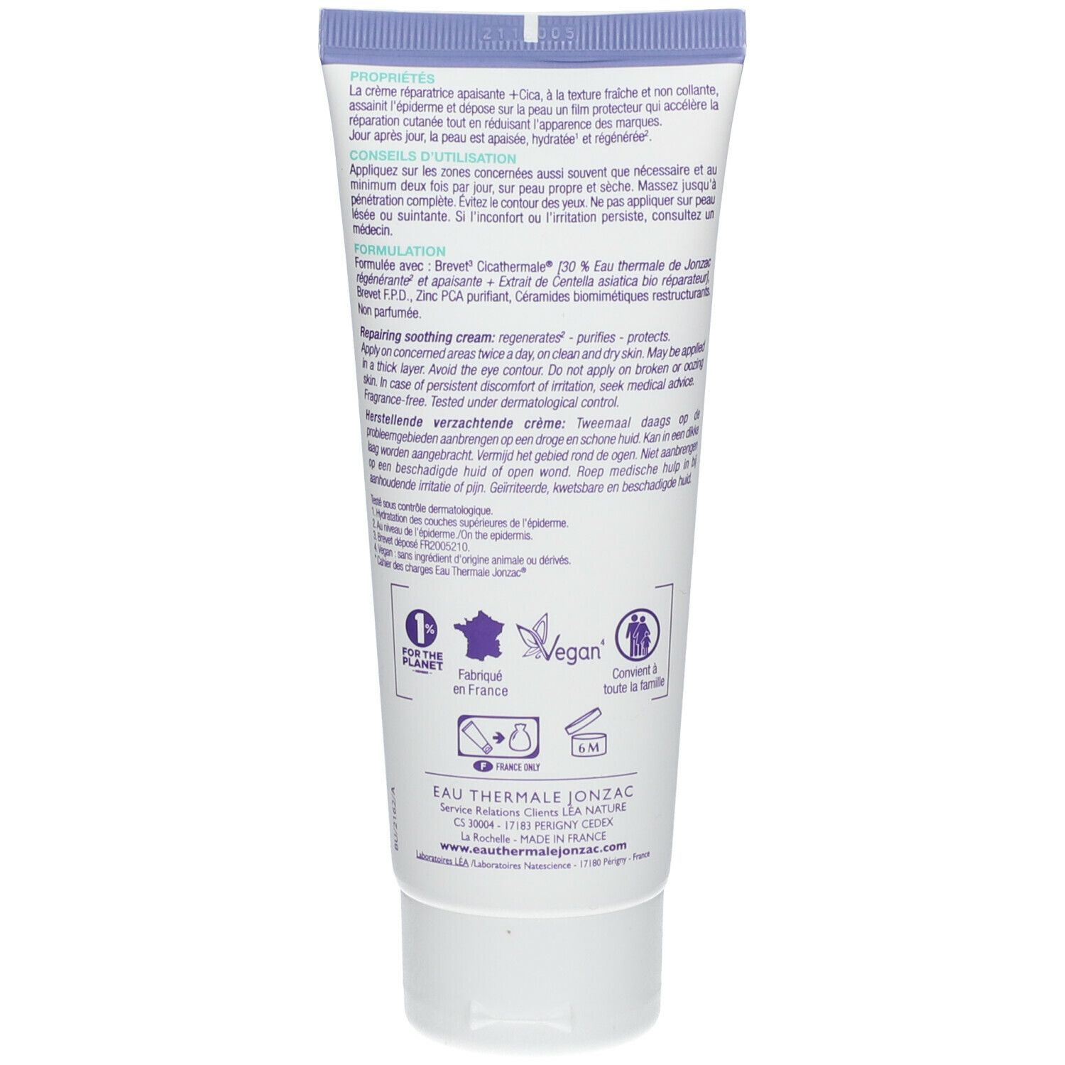 Rückseite der Creme-Tube. Text in mehreren Sprachen. Informationen zu Inhaltsstoffen, Anwendung und Hersteller.