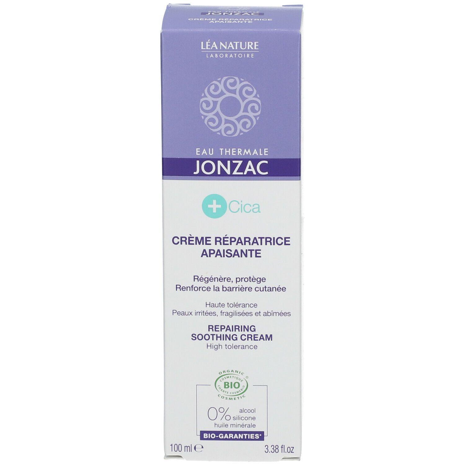 Produktkarton. Blaue und weiße Farbgebung. Text: Crème Réparatrice Apaisante, Repairing Soothing Cream. Logo und Name.