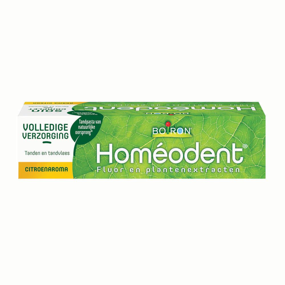Zahnpasta-Schachtel, grün mit weißem Text. Aufschrift: Homeodent, Volledige Verzorging, Citroenaroma.