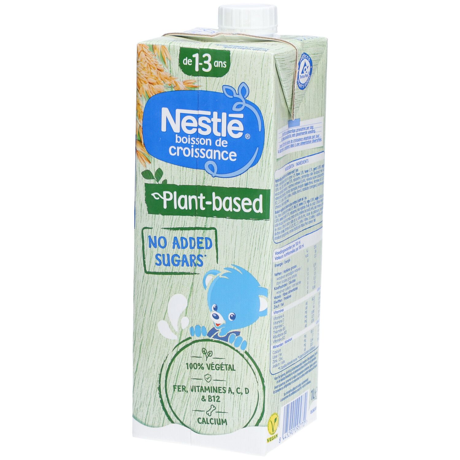 Nestlé Getränk, 1-3 Jahre. Plant-based, ohne Zuckerzusatz. Verpackung mit blauem Bären-Design. Enthält Eisen, Vitamine A, C, D & B12, Calcium.