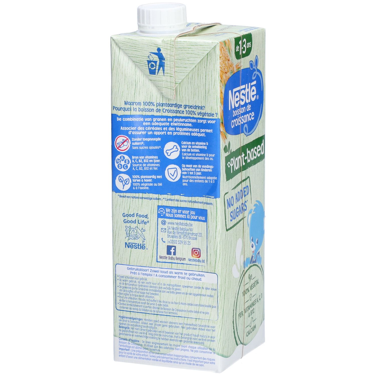 Rückseite der Nestlé Getränkeverpackung. Text in Deutsch, Französisch, Niederländisch. Enthält Informationen zu Inhaltsstoffen und Nährwerten. Mit Logo.