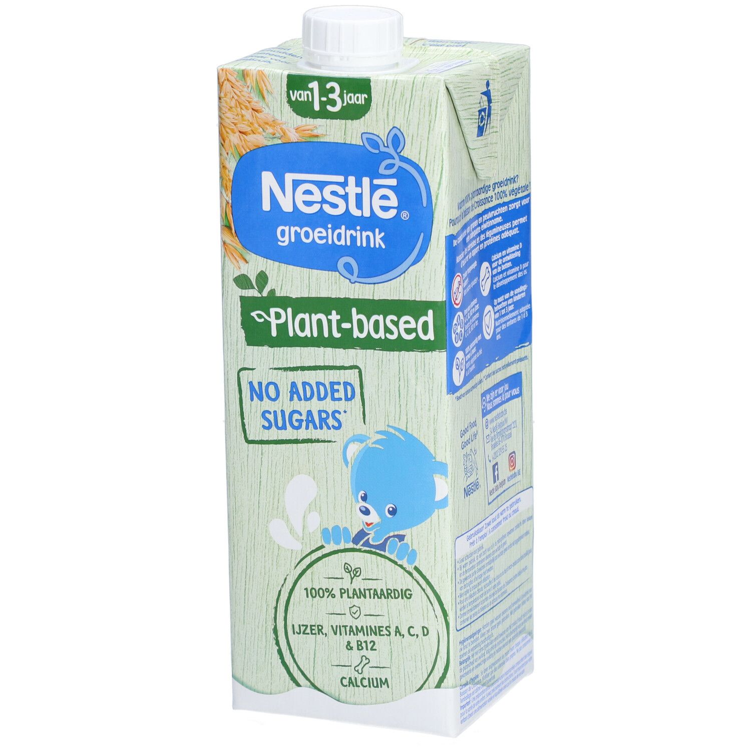 Nestlé-Getränk, 1-3 Jahre. Plant-based, ohne Zuckerzusatz. Verpackung mit blauem Bären-Design. Enthält Eisen, Vitamine A, C, D & B12, Calcium.