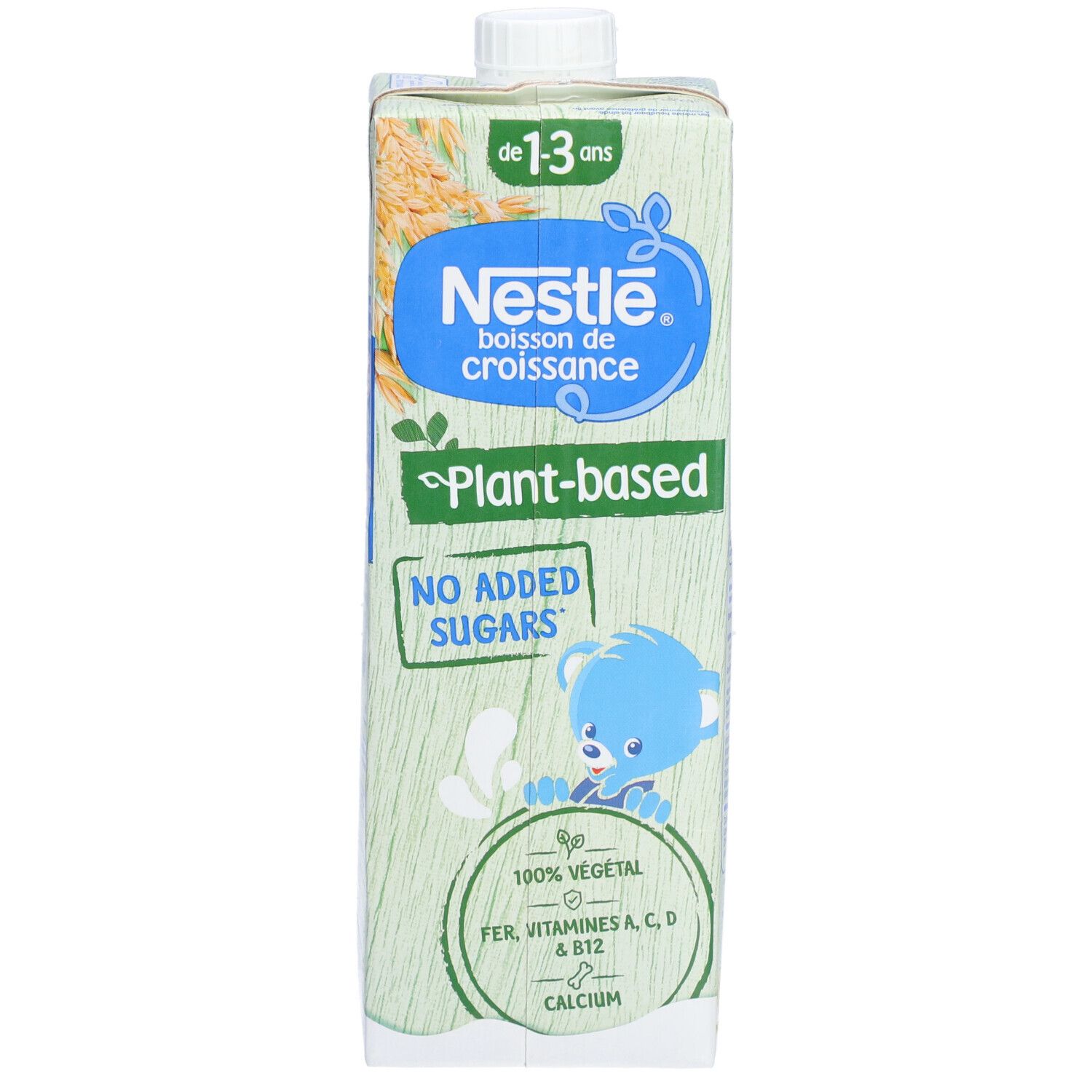 Nestlé Getränk, 1-3 Jahre. Plant-based, ohne Zuckerzusatz. Verpackung mit blauem Bären-Design. Enthält Eisen, Vitamine A, C, D & B12, Calcium.