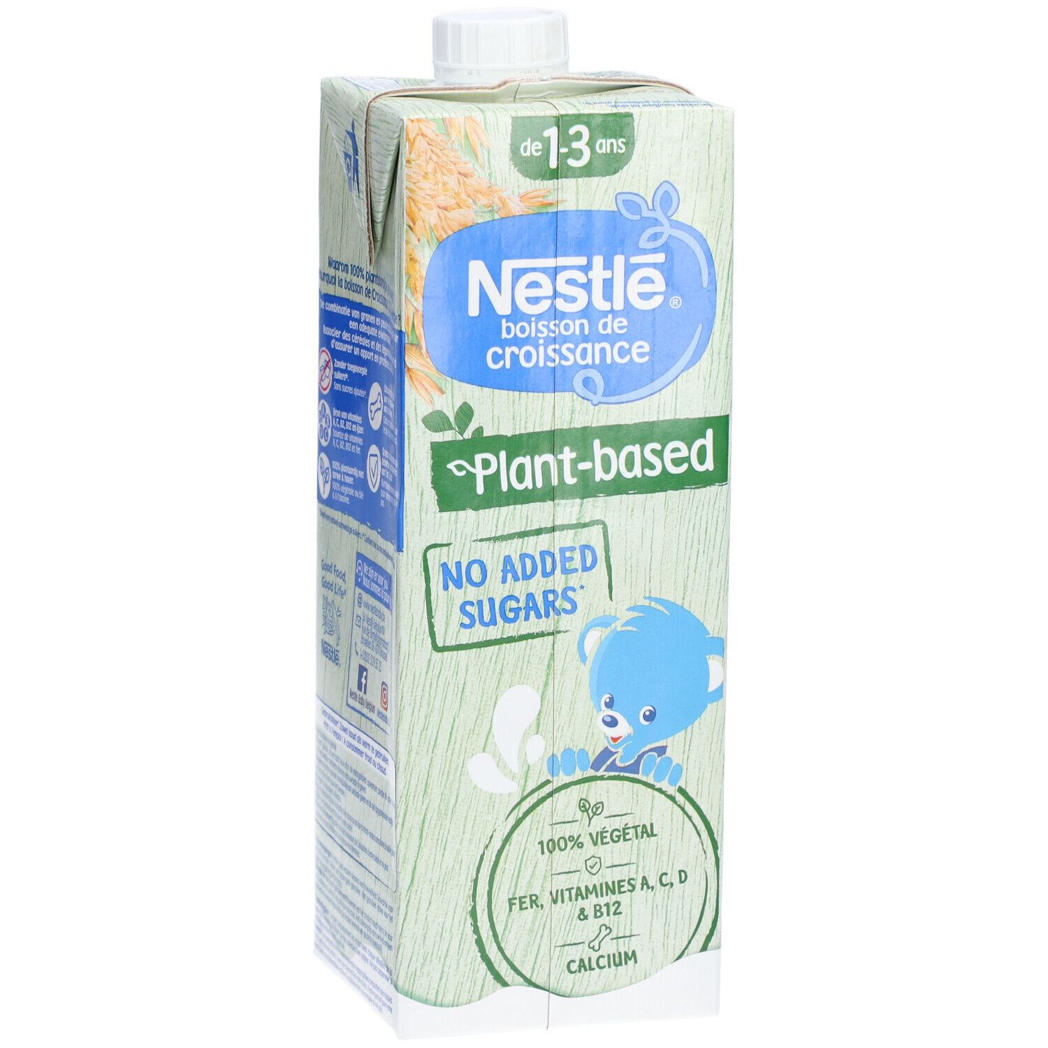 Nestlé Getränk, 1-3 Jahre. Plant-based, ohne Zuckerzusatz. Verpackung mit blauem Bären-Design. Enthält Eisen, Vitamine A, C, D & B12, Calcium.