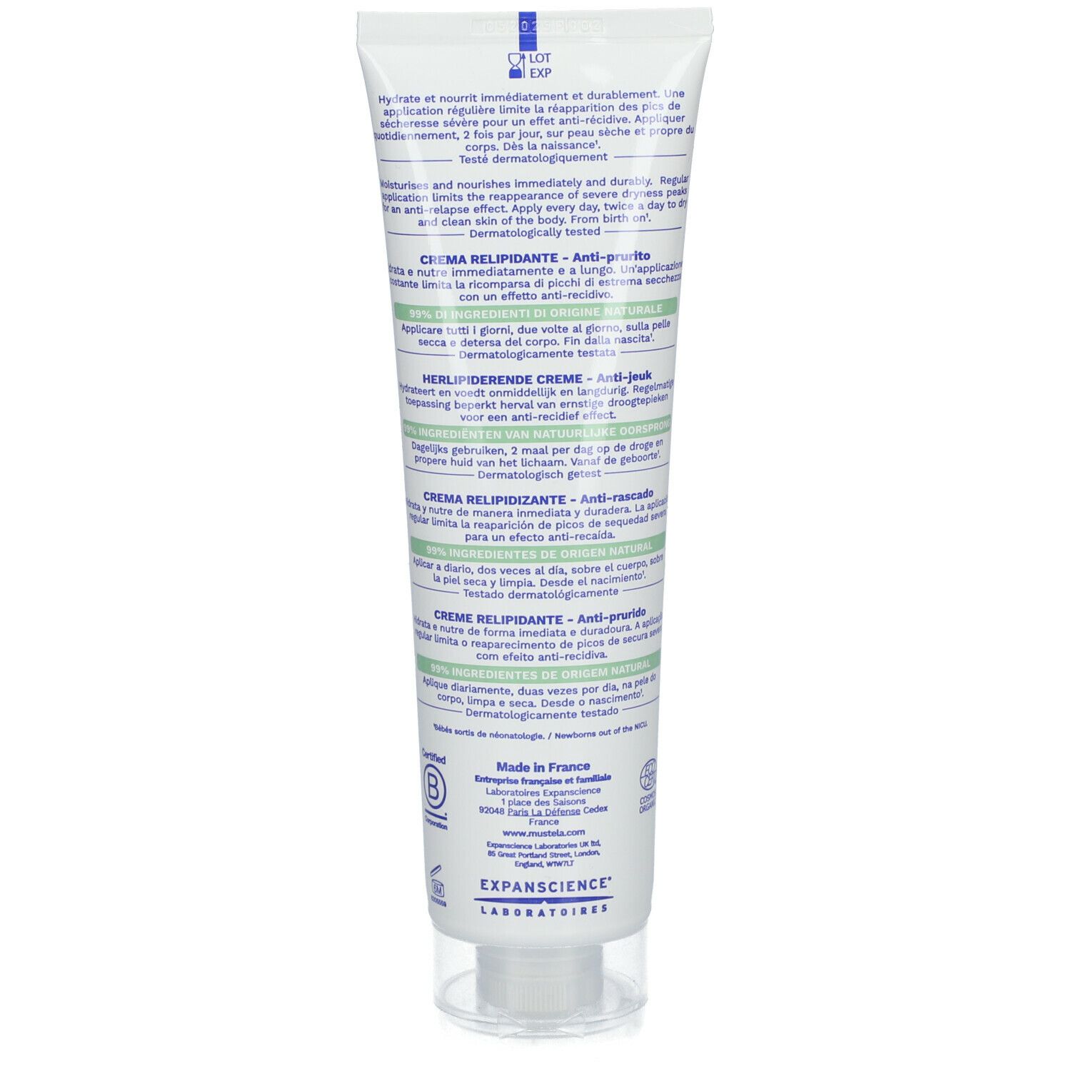 Achterkant van de Mustela Stelatopia+ crèmetube. Tekst in het Duits, Frans, Italiaans, Nederlands.