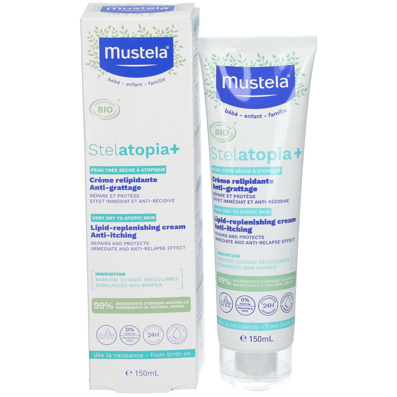 Mustela Stelatopia+ crème en verpakking. Bio-certificering. Anti-jeukcrème voor zeer droge huid.