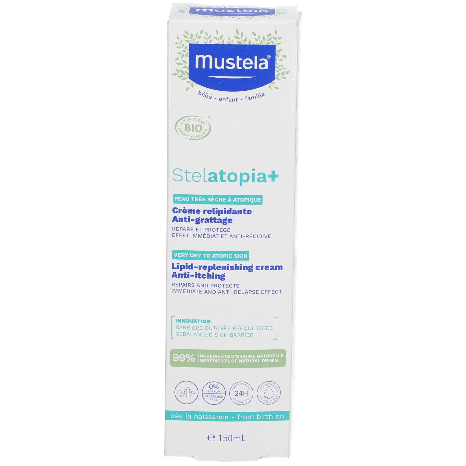 Verpakking van Mustela Stelatopia+ crème. Bio-certificering. Anti-jeukcrème voor zeer droge huid.