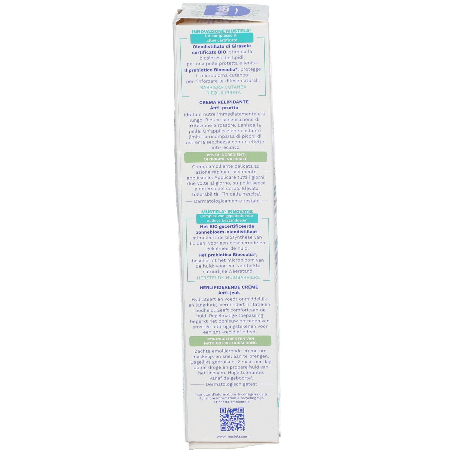 Verpakking van Mustela Stelatopia+ crème. Tekst in het Italiaans. Bio-certificering.