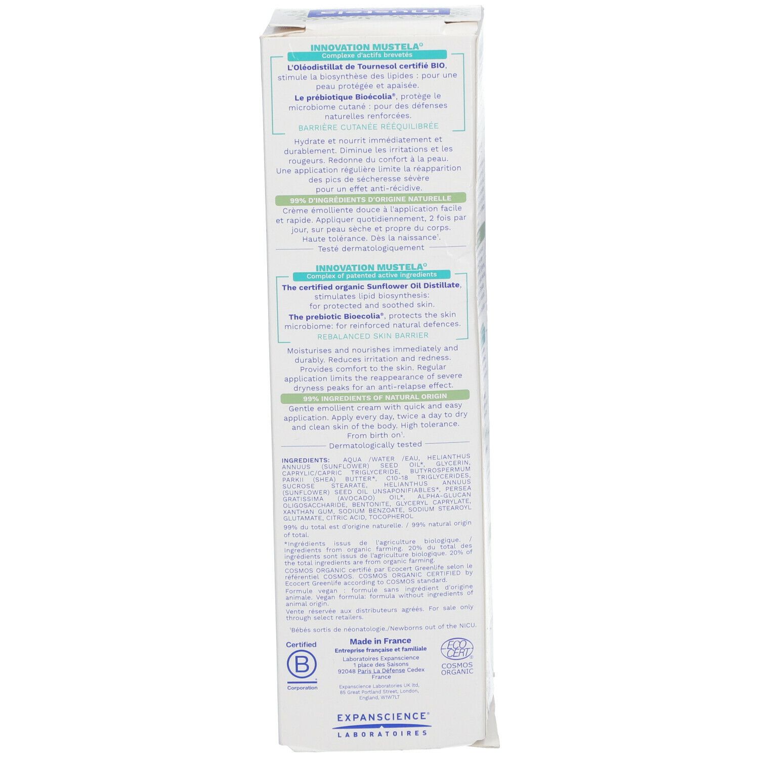 Verpakking van Mustela Stelatopia+ crème. Tekst in het Duits. Bio-certificering.