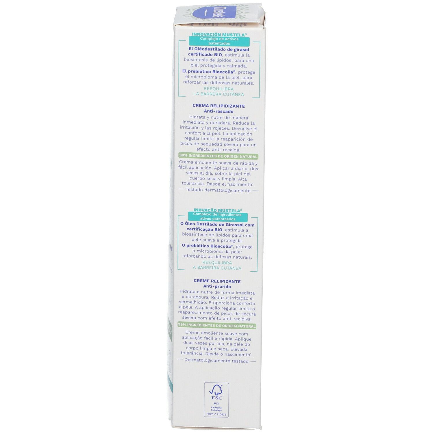 Verpakking van Mustela Stelatopia+ crème. Tekst in het Spaans. Bio-certificering.