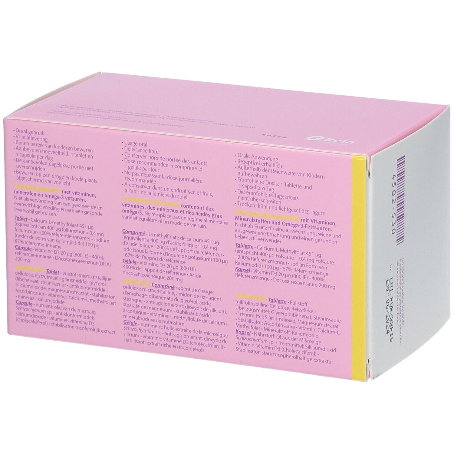 Boîte rose, dos avec texte. Ingrédients et instructions. "Folavit 0,4 Essential" non visible.