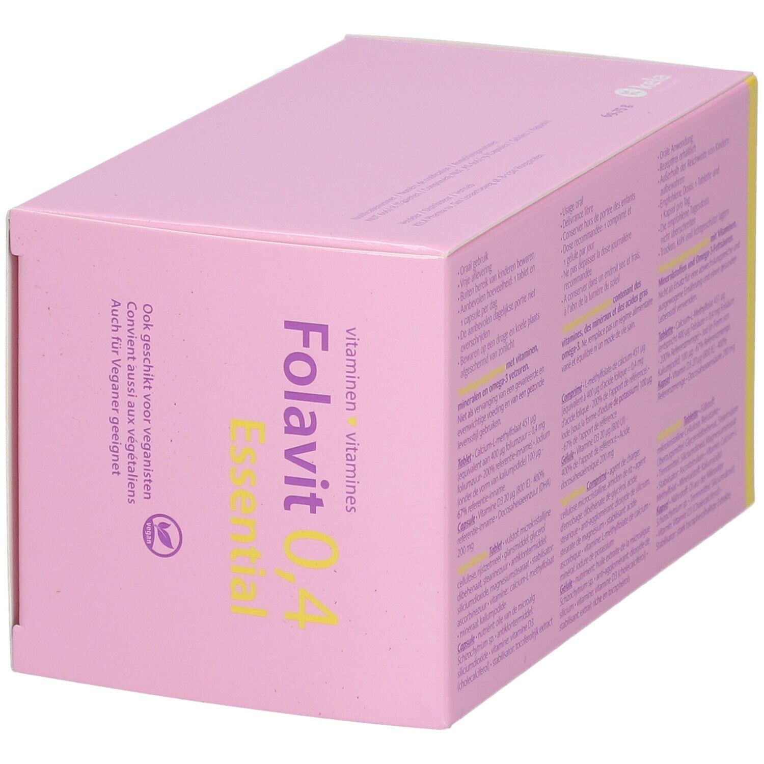 Boîte rose, vue latérale. Texte : "Folavit 0,4 Essential" et indication pour végétaliens.