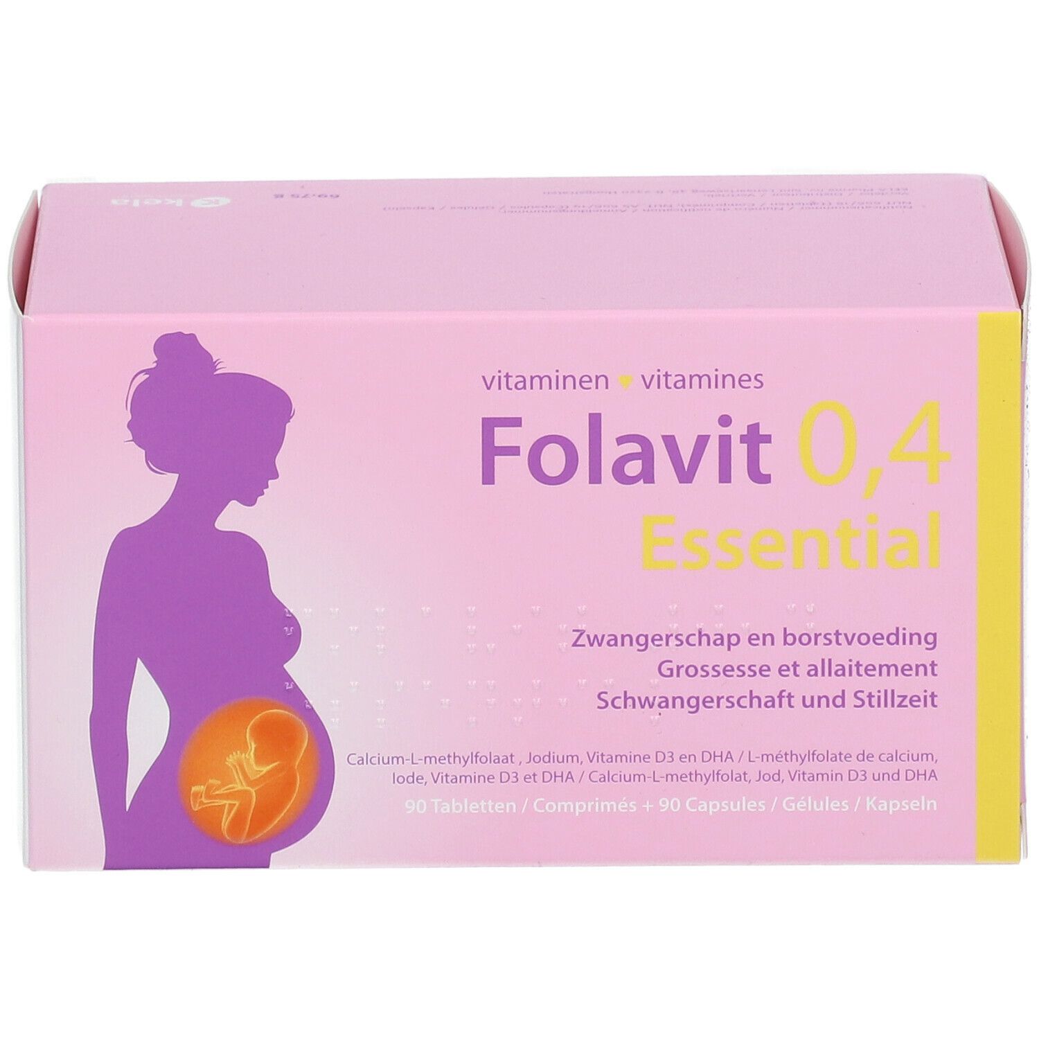 Boîte rose avec texte "Folavit 0,4 Essential" et silhouette d'une femme enceinte. Accent jaune.