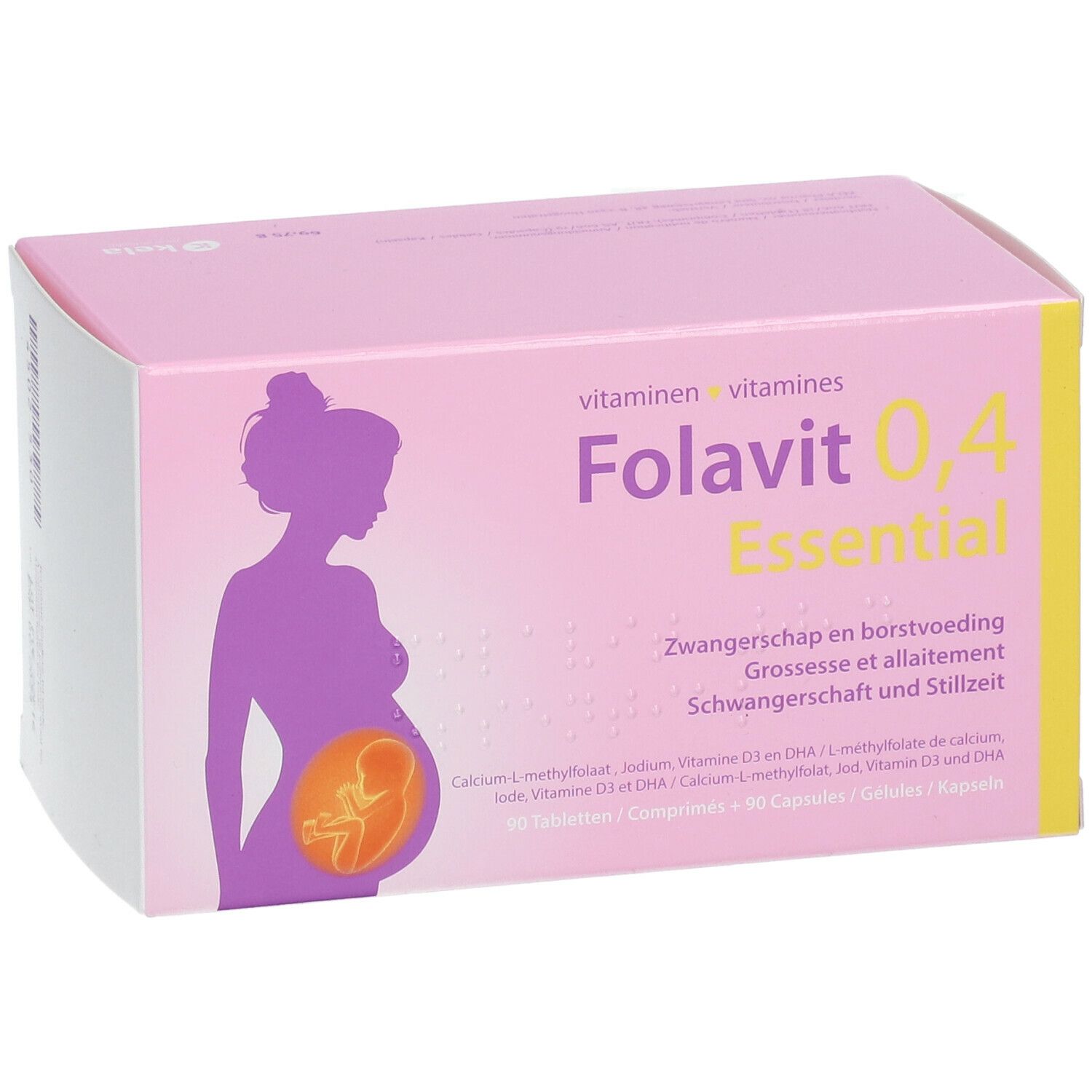Boîte rose avec texte "Folavit 0,4 Essential" et silhouette d'une femme enceinte. Accent jaune.