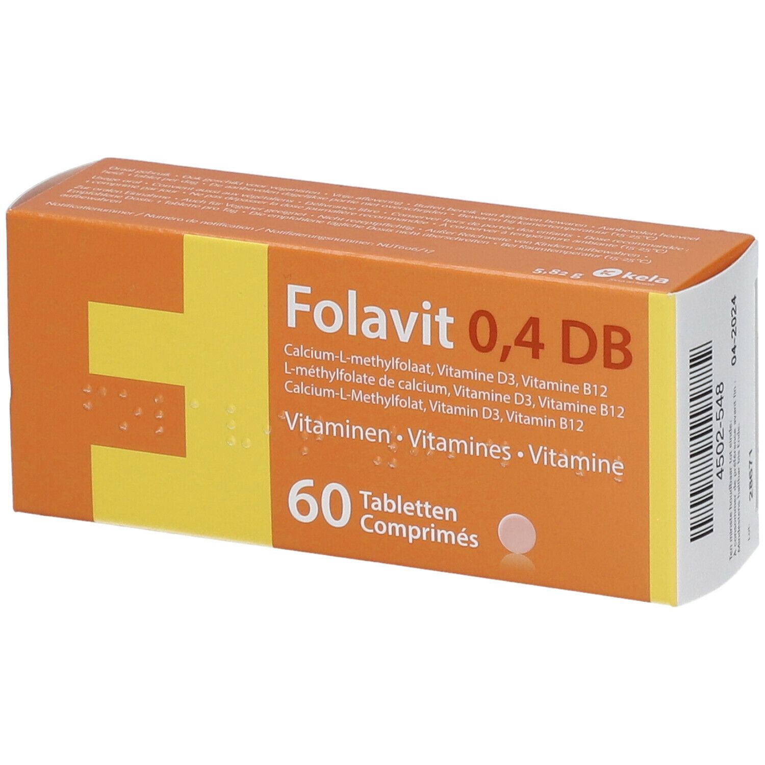 Boîte orange avec "Folavit 0,4 DB". Contient 60 comprimés. Inscription : Vitamines.