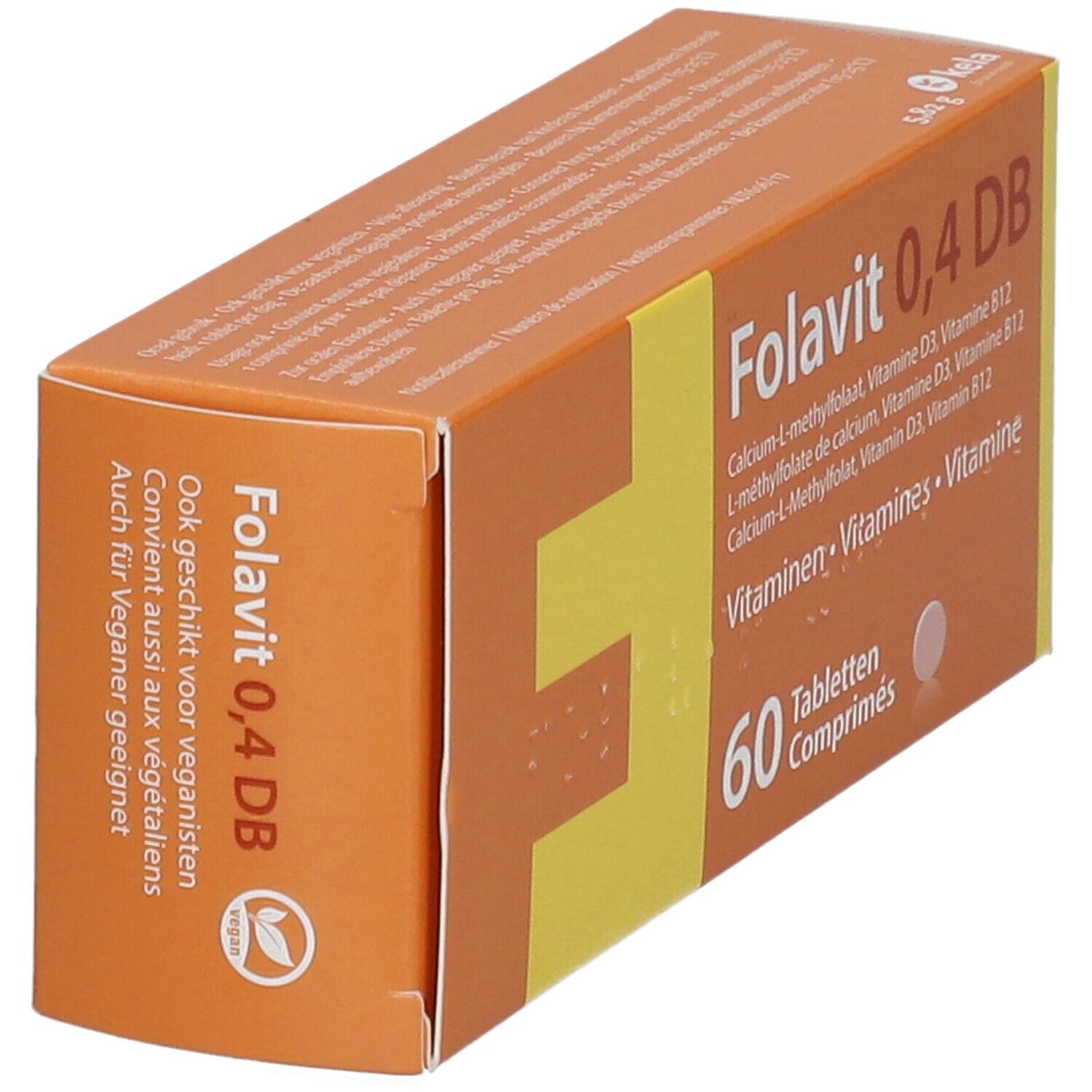 Boîte orange avec "Folavit 0,4 DB". Contient 60 comprimés. Convient aux végétaliens.