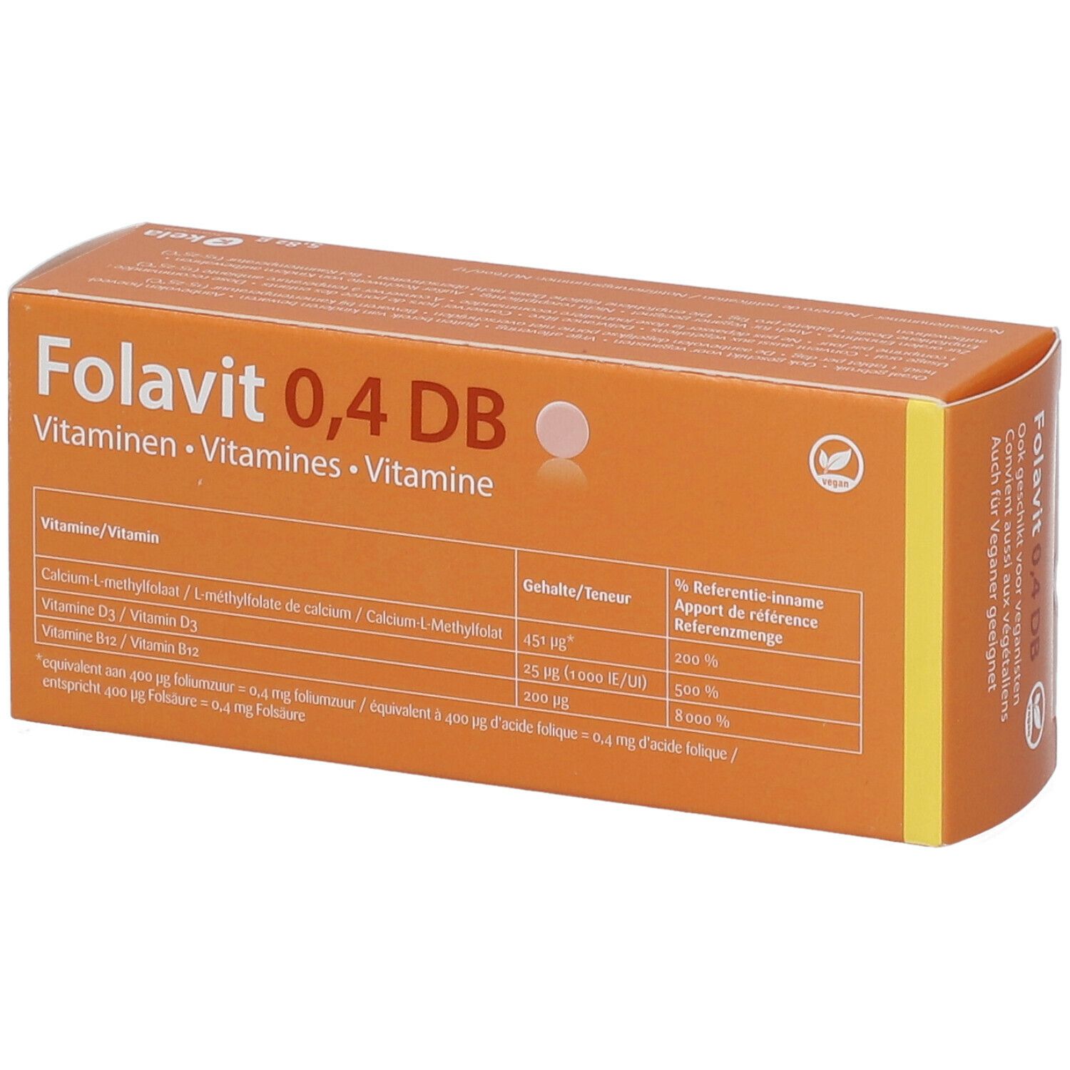 Boîte orange avec "Folavit 0,4 DB". Contient un tableau d'informations sur les vitamines.