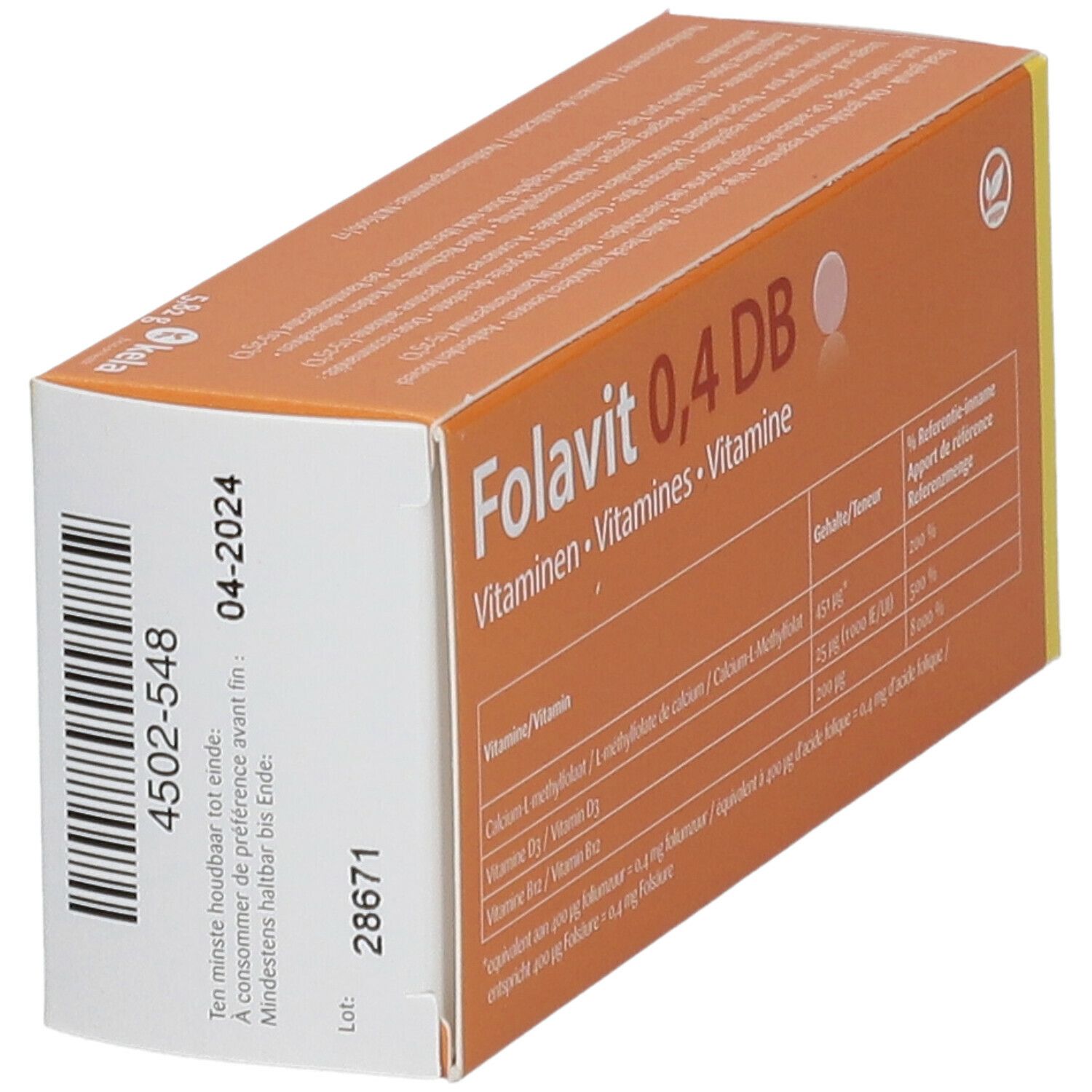 Boîte orange avec "Folavit 0,4 DB". Contient un tableau d'informations sur les vitamines. A consommer de préférence avant.