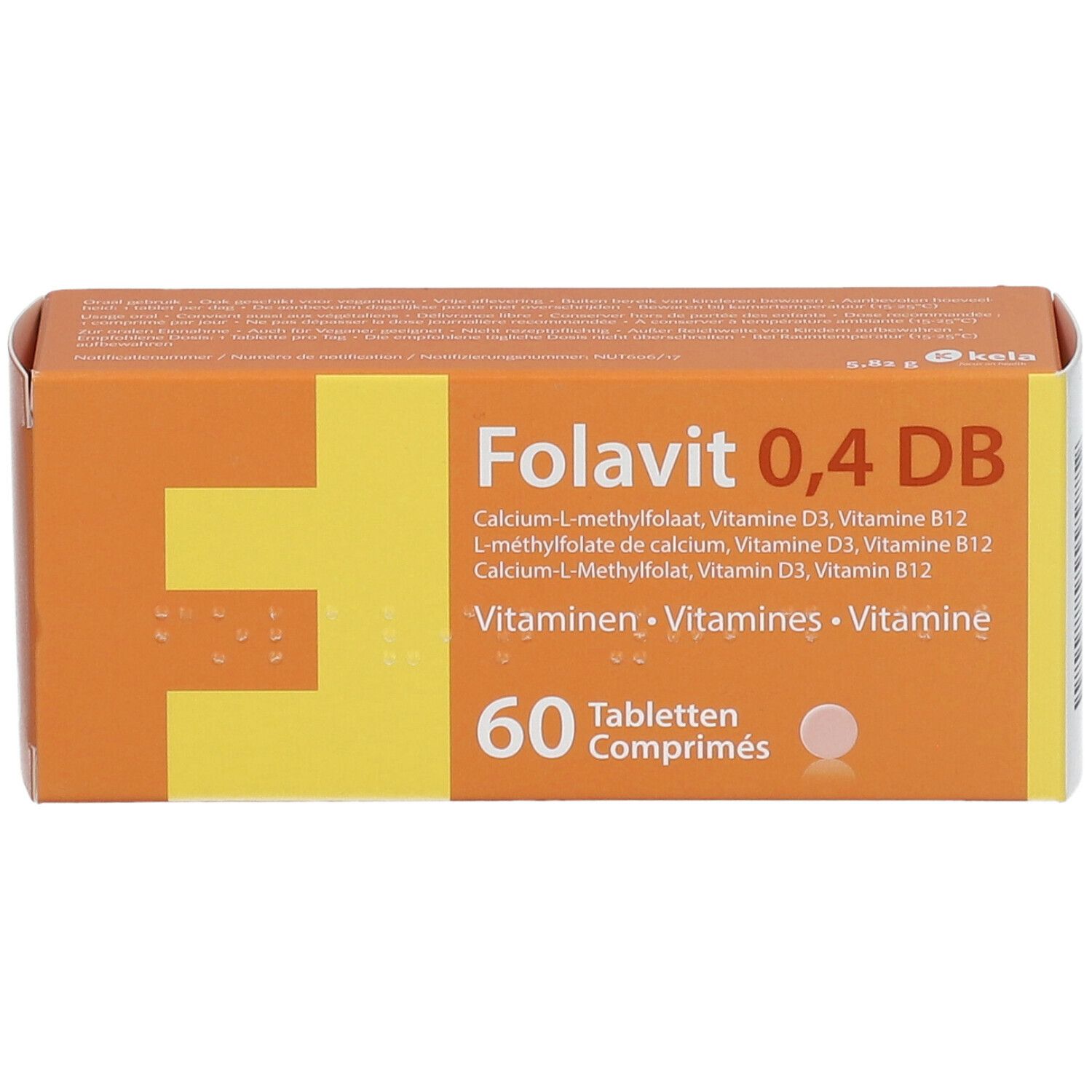Boîte orange avec "Folavit 0,4 DB". Contient 60 comprimés. Inscription : Vitamines.