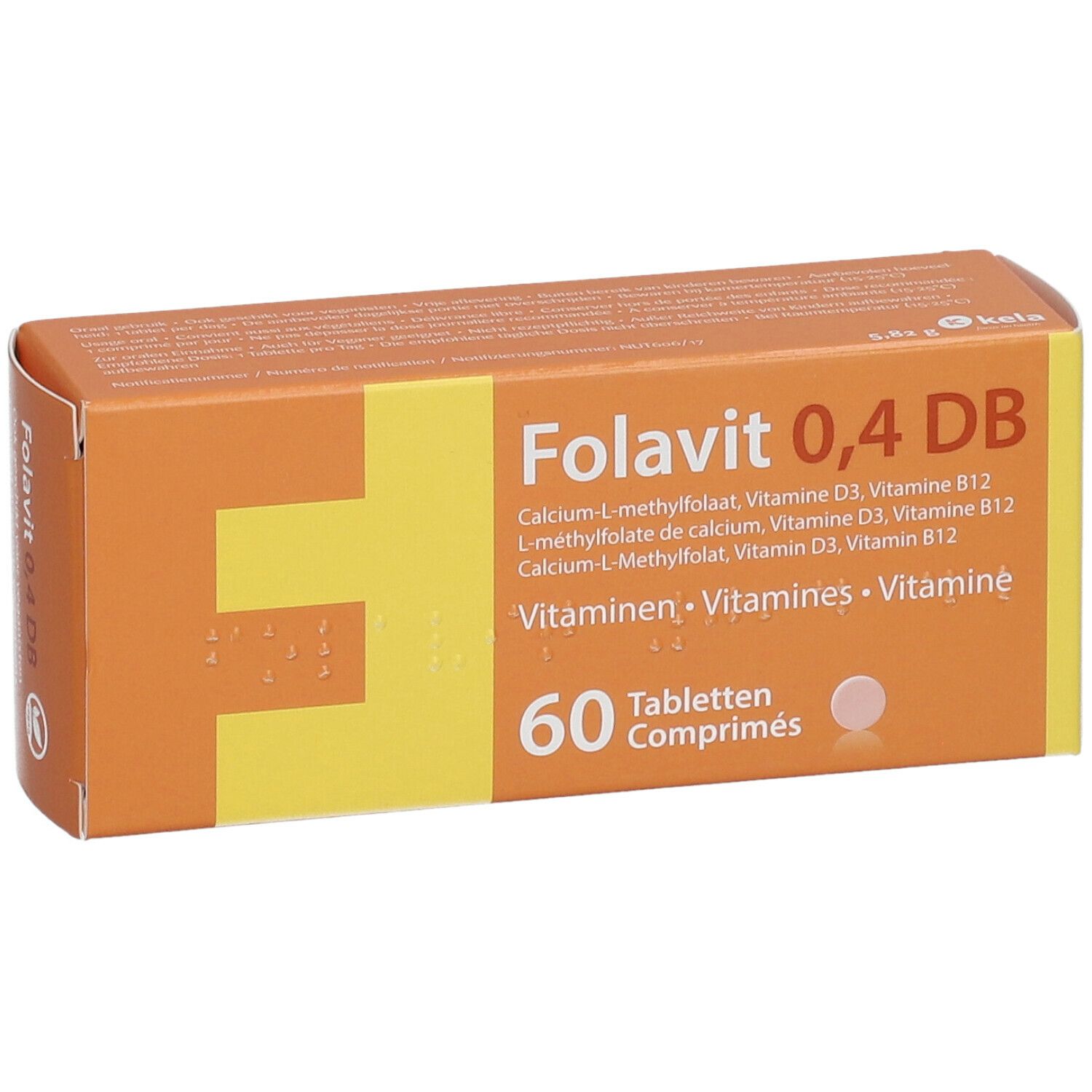 Boîte orange avec "Folavit 0,4 DB". Contient 60 comprimés. Inscription : Vitamines.