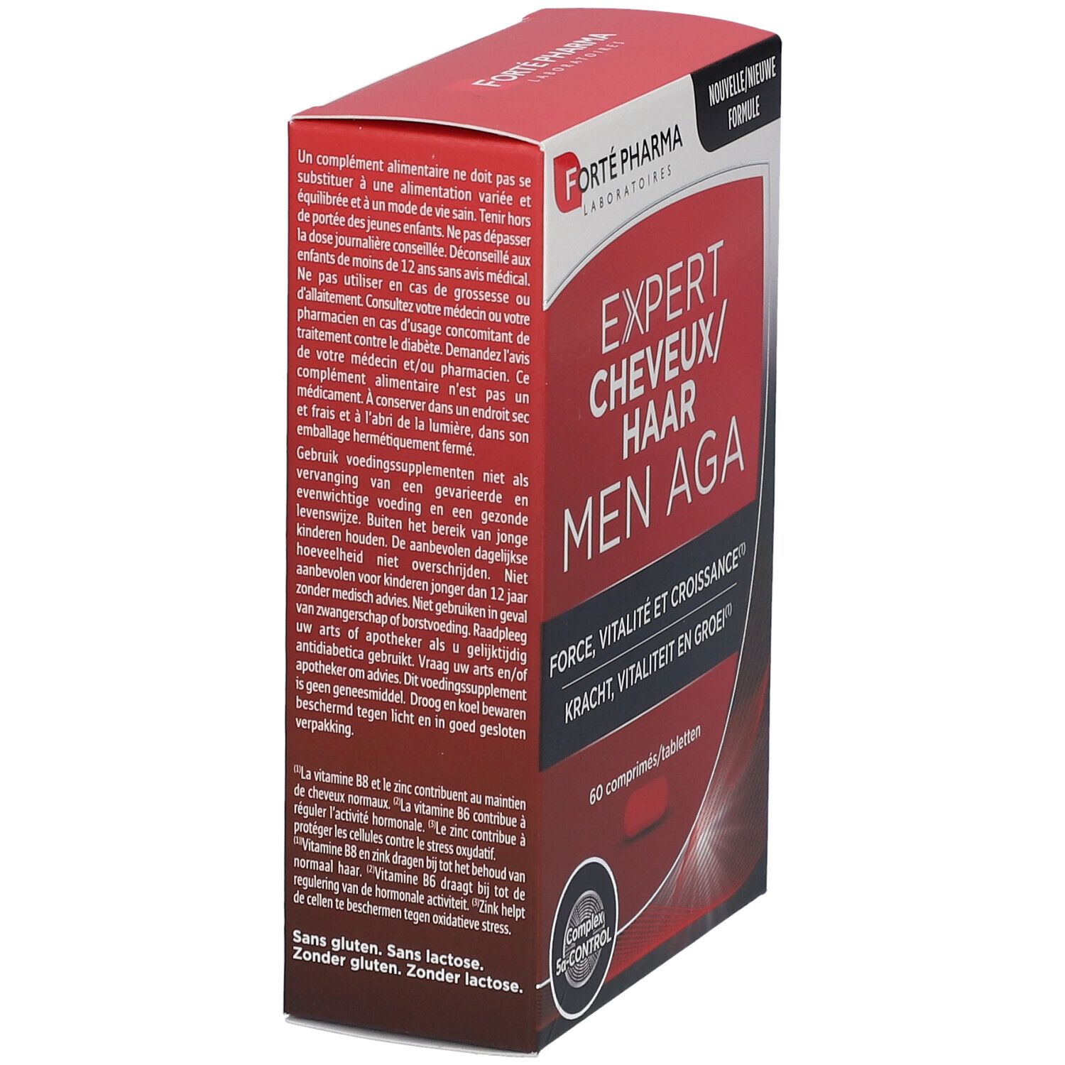 Boîte de complément alimentaire Expert Cheveux/Haar Men AGA. 60 comprimés. Sans gluten, sans lactose. Vue de face.