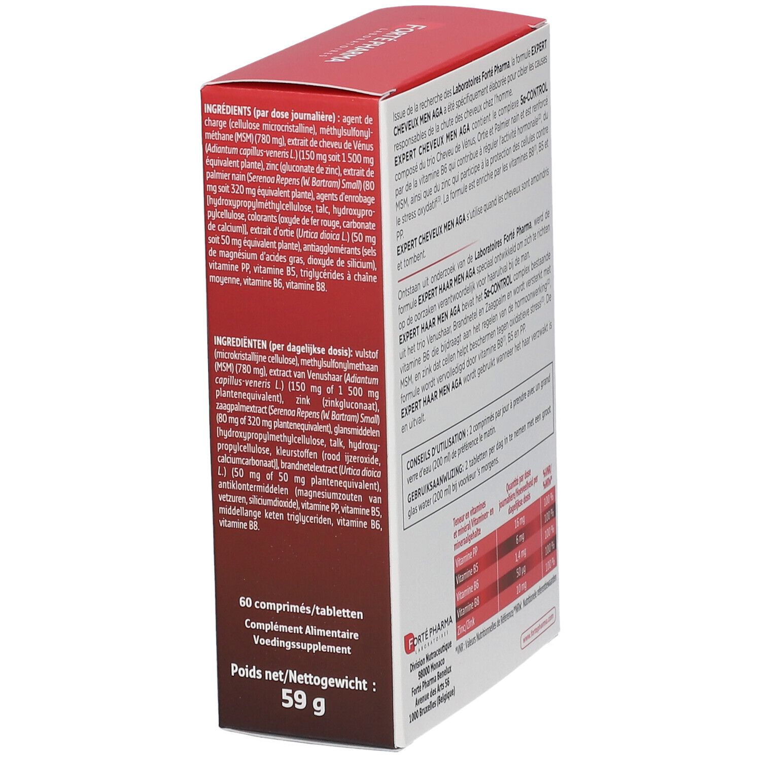 Détail de la boîte. Ingrédients et informations nutritionnelles. Texte: Expert Cheveux/Haar Men AGA. 60 comprimés.