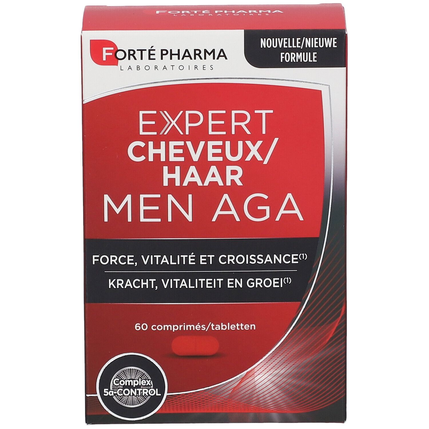 Boîte de complément alimentaire Expert Cheveux/Haar Men AGA. 60 comprimés. Rouge et blanc.