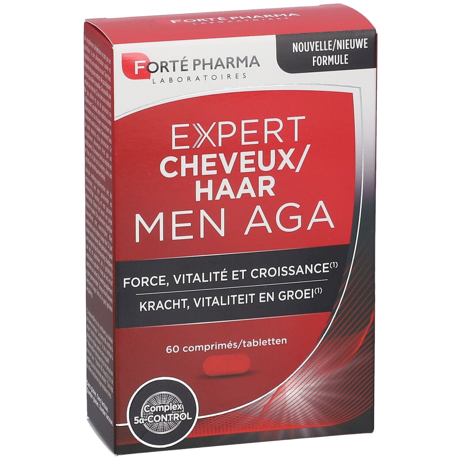 Boîte de complément alimentaire Expert Cheveux/Haar Men AGA. 60 comprimés. Vue en perspective.