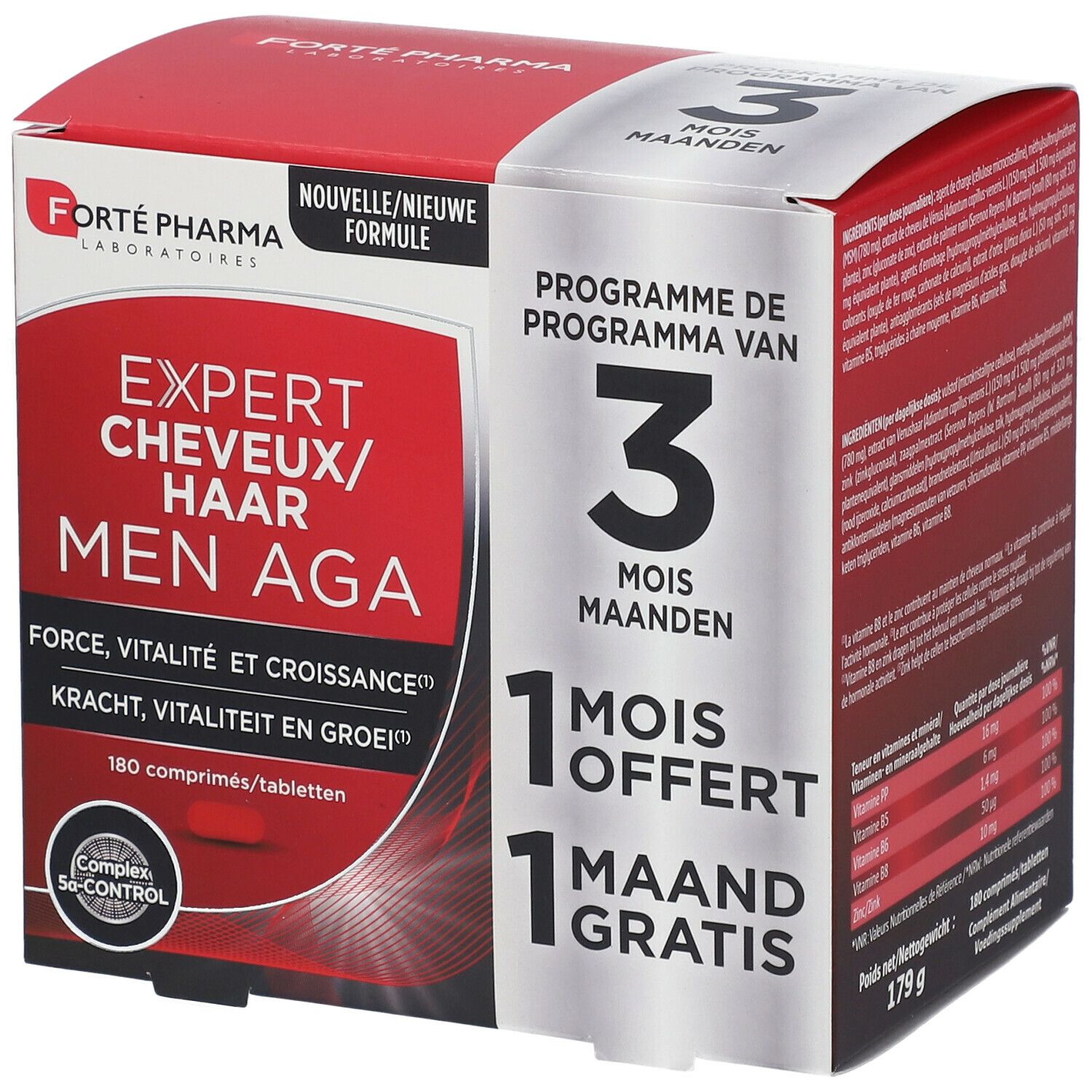 Verpakking Forté Pharma Expert Cheveux Men AGA. Rode en witte doos met productnaam en 3-maanden programma.