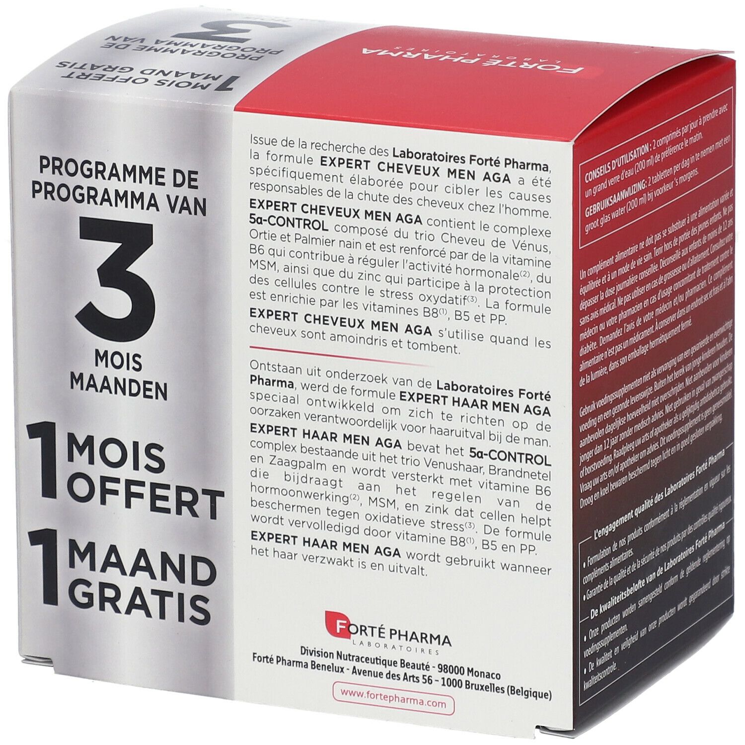 Zijkant verpakking Forté Pharma Expert Cheveux Men AGA. Tekst over het product en de ingrediënten.