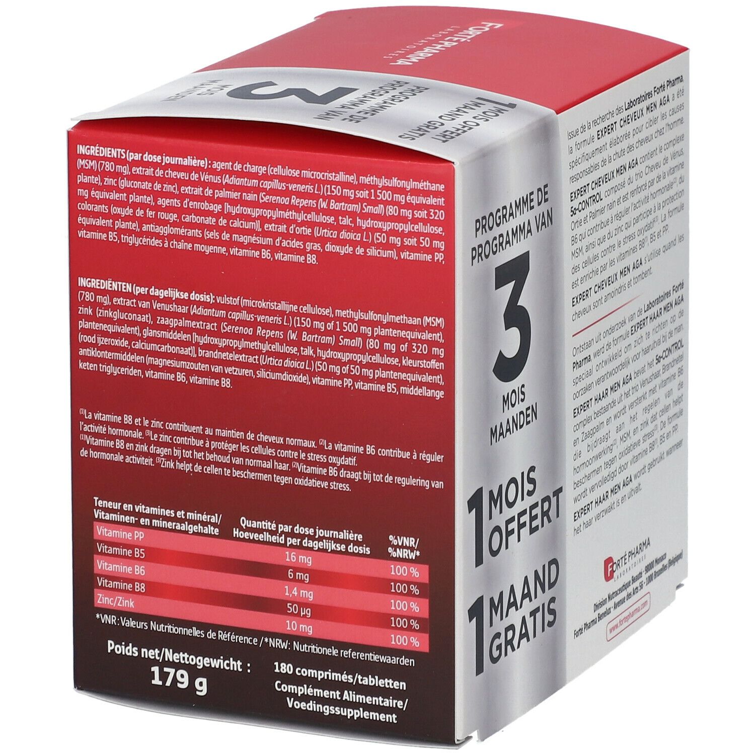 Zijkant verpakking Forté Pharma Expert Cheveux Men AGA. Voedingswaarde- en vitamine-informatie.