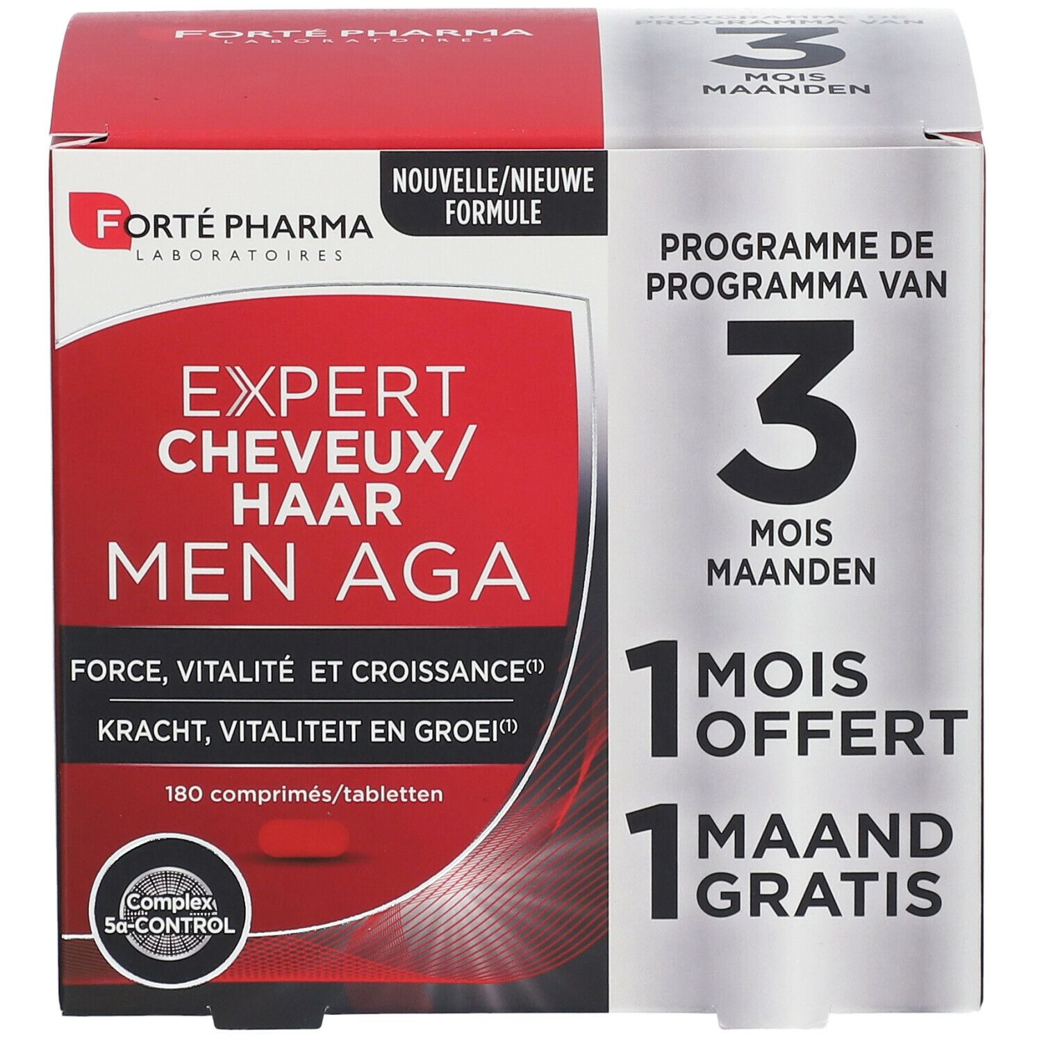 Verpakking Forté Pharma Expert Cheveux Men AGA. Rode en witte doos met productnaam en 3-maanden programma.