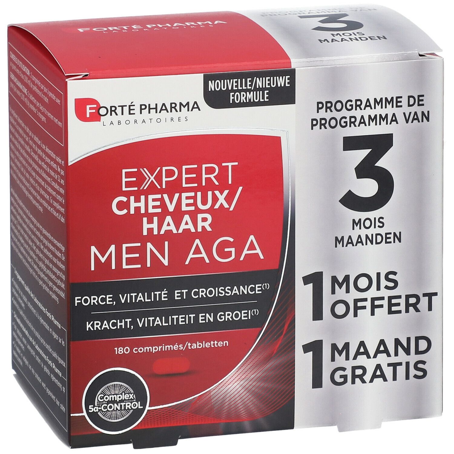 Verpakking Forté Pharma Expert Cheveux Men AGA. Rode en witte doos met productnaam en 3-maanden programma.