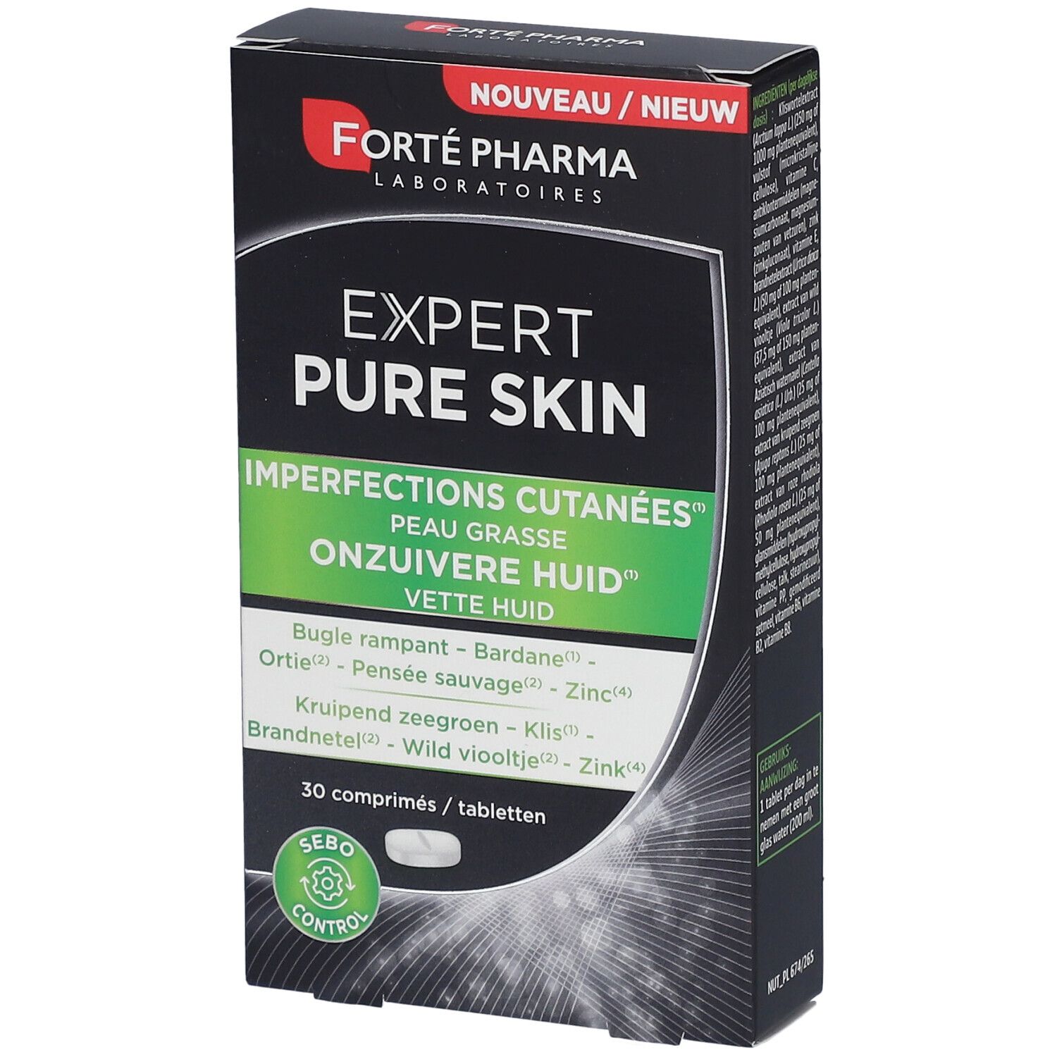 Doos Forté Pharma Expert Pure Skin. Tekst: Expert Pure Skin, Imperfections cutanées, Onzuivere huid, 30 tabletten.
