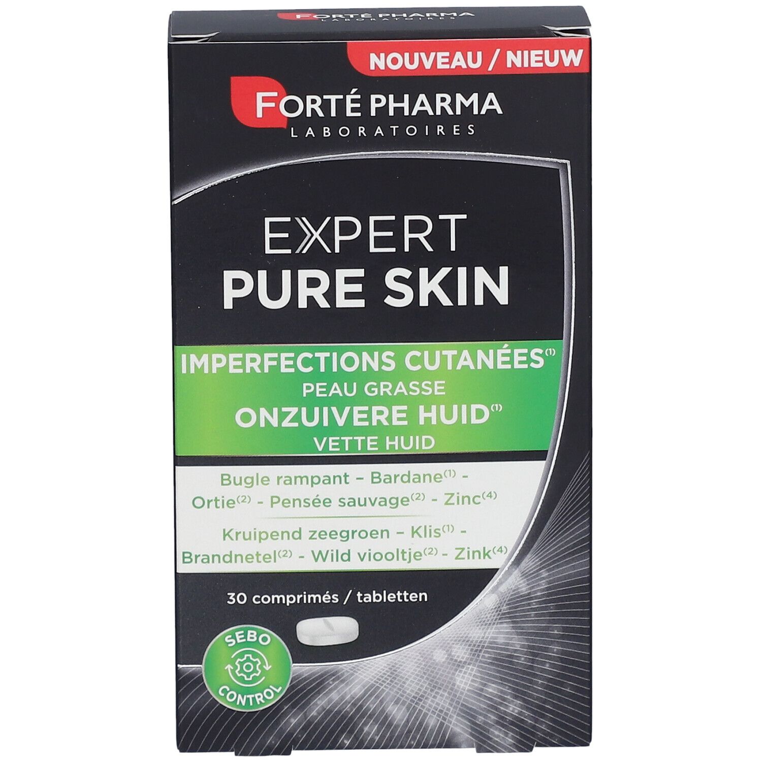 Doos Forté Pharma Expert Pure Skin. Tekst: Expert Pure Skin, Imperfections cutanées, Onzuivere huid, 30 tabletten. Tablet zichtbaar.