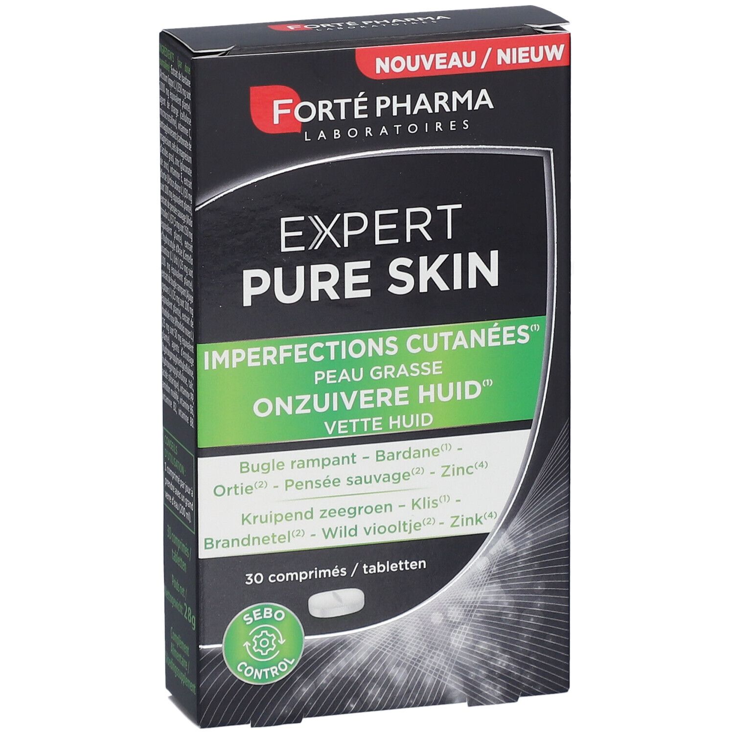 Doos Forté Pharma Expert Pure Skin. Tekst: Expert Pure Skin, Imperfections cutanées, Onzuivere huid, 30 tabletten.