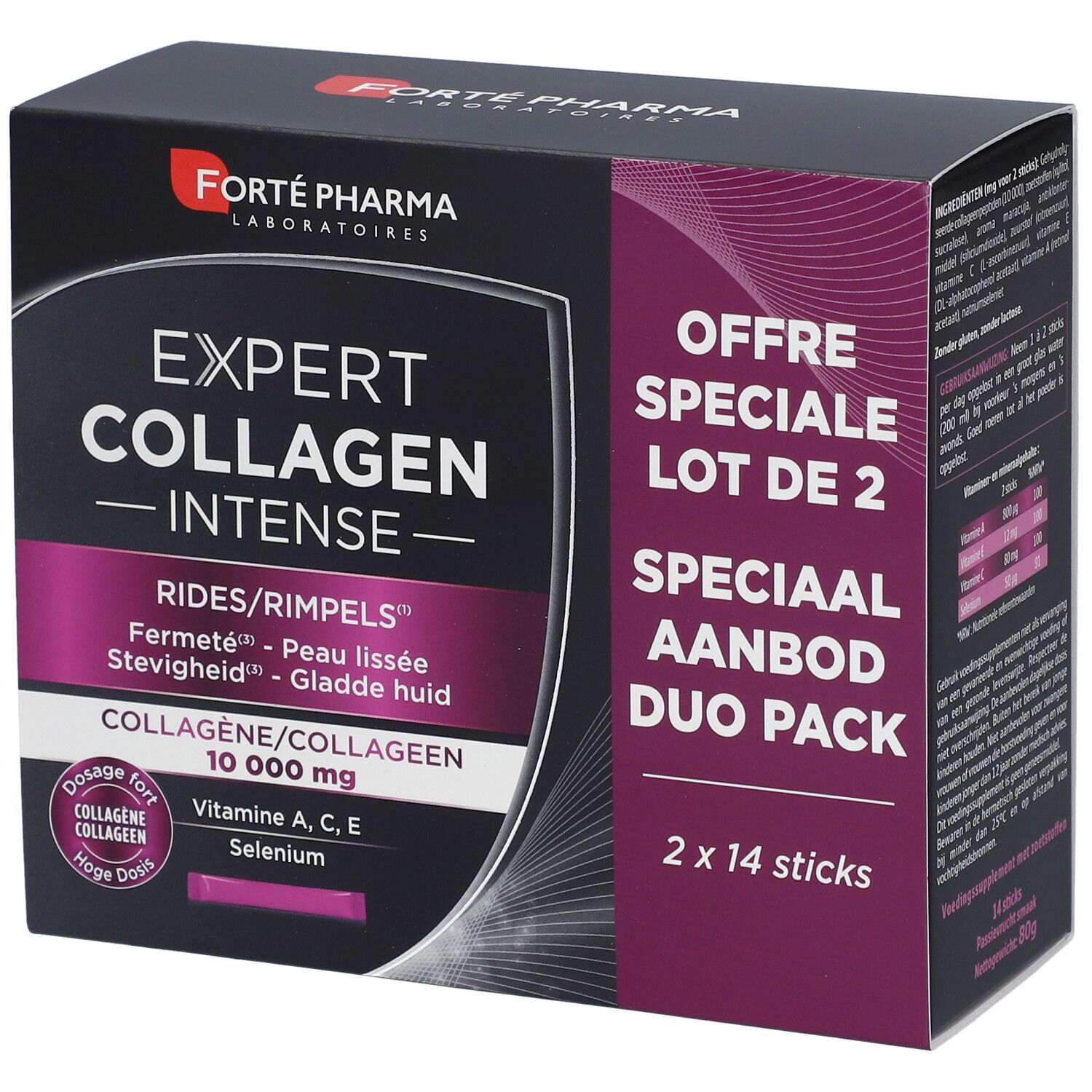 Boîte "Expert Collagen Intense DUO" de Forté Pharma. Contient 2x14 sticks. Inscription : "Collagen 10 000 mg".
