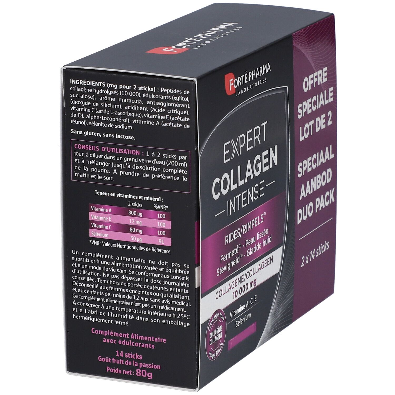 Boîte "Expert Collagen Intense DUO" de Forté Pharma. Dos avec ingrédients et conseils d'utilisation. Contient 2x14 sticks.