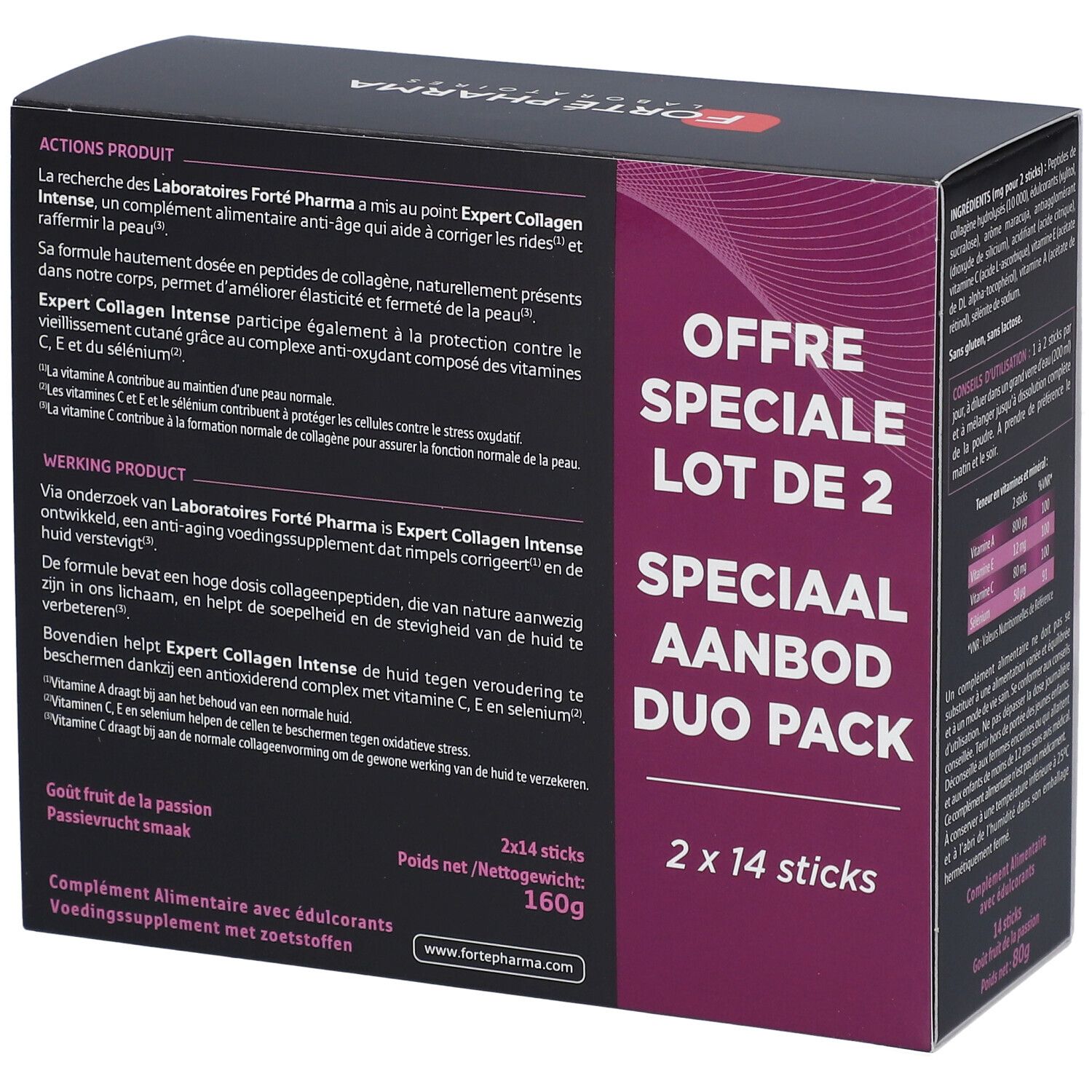 Boîte "Expert Collagen Intense DUO" de Forté Pharma. Contient 2x14 sticks. Inscription : "Collagen 10 000 mg". Texte au dos.
