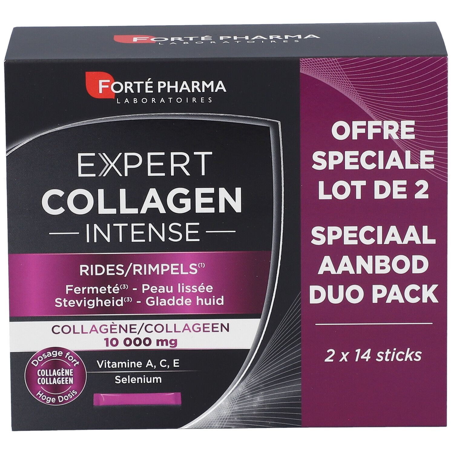 Boîte "Expert Collagen Intense DUO" de Forté Pharma. Contient 2x14 sticks. Inscription : "Collagen 10 000 mg".