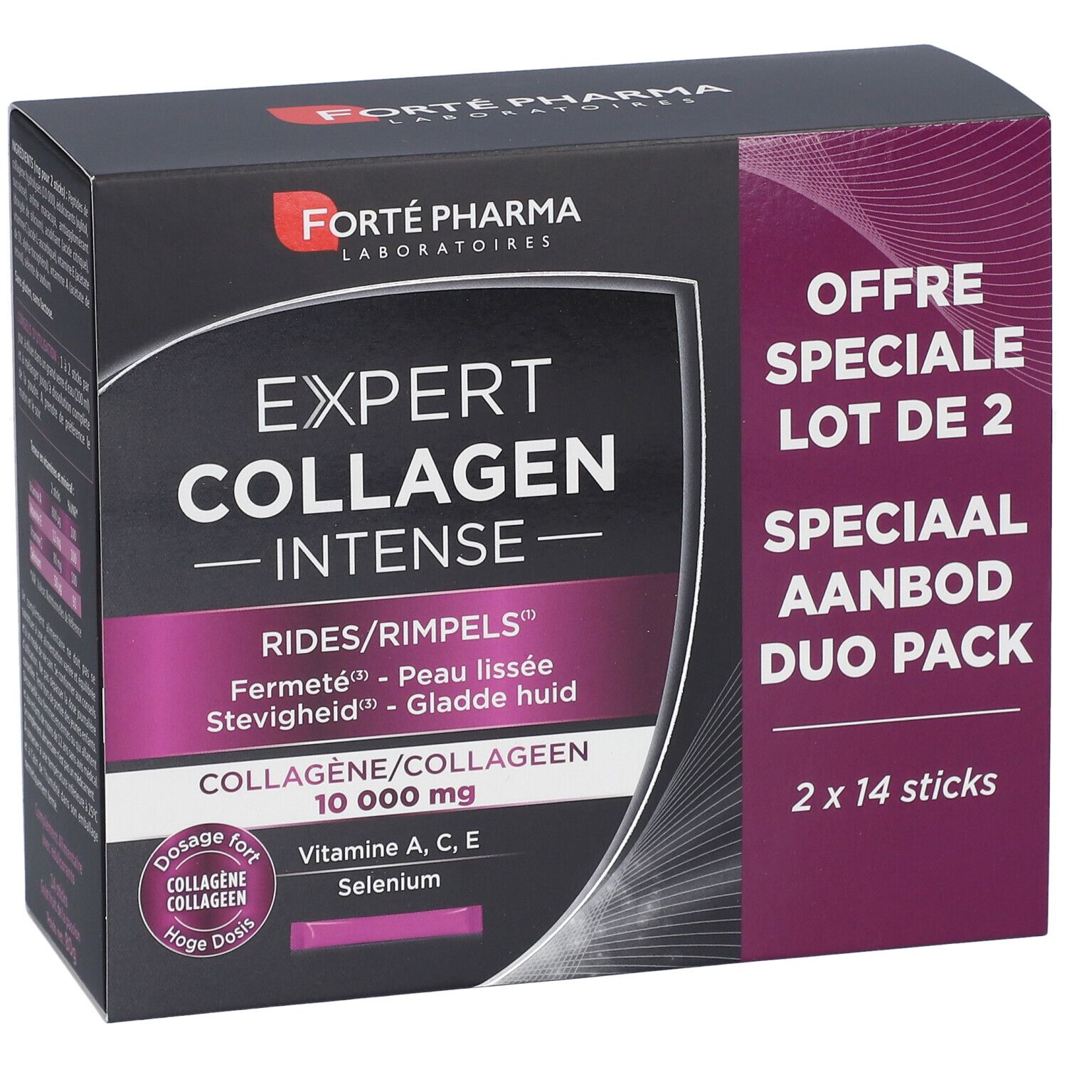 Boîte "Expert Collagen Intense DUO" de Forté Pharma. Contient 2x14 sticks. Inscription : "Collagen 10 000 mg".