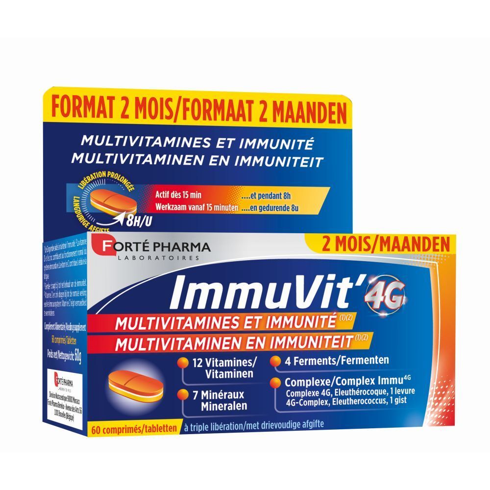 Deux boîtes de Forté Pharma ImmuVit' 4G. Inscription : Multivitamines et Immunité, 12 vitamines, 7 minéraux, 4 ferments. 60 comprimés.