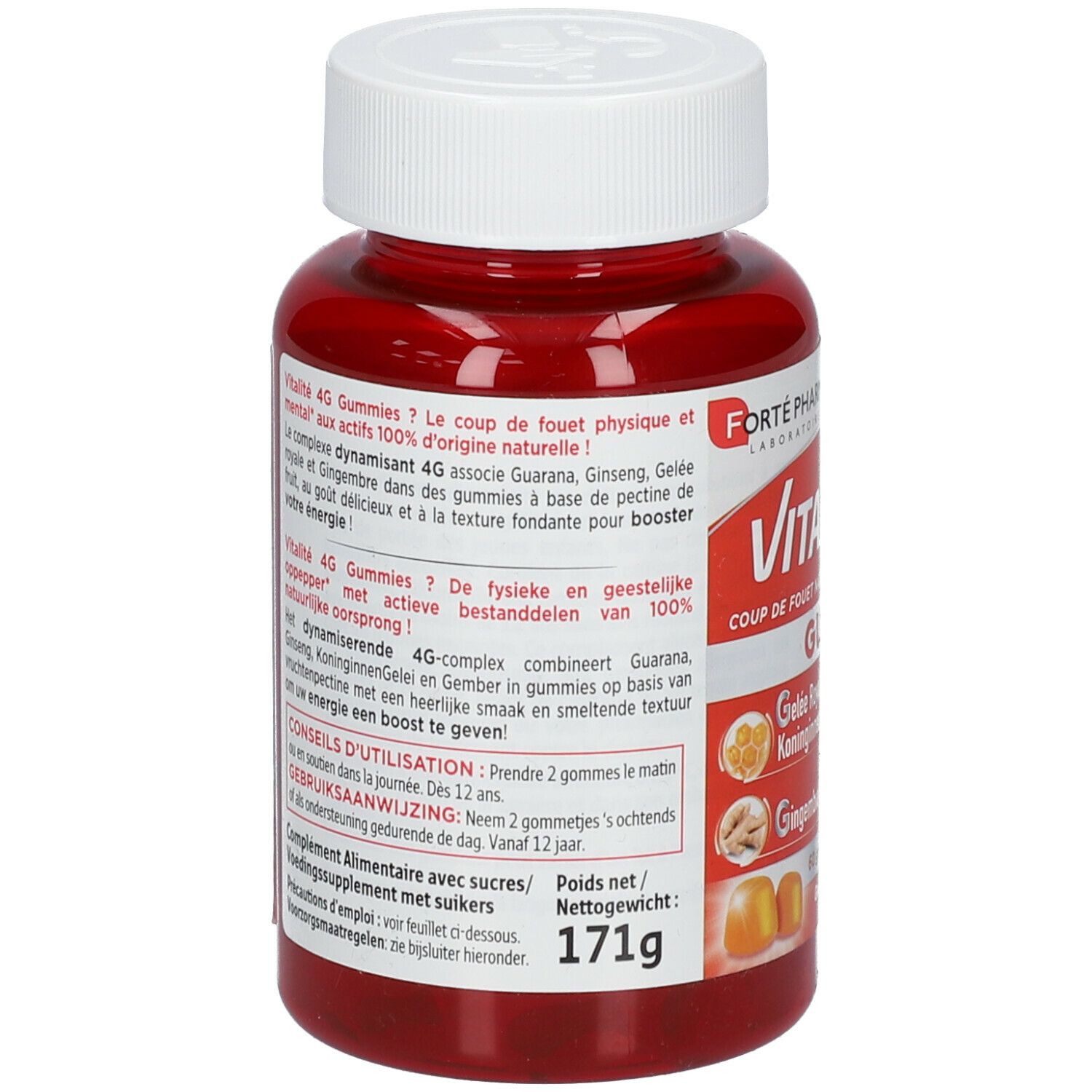 Dos du flacon rouge avec bouchon blanc. Texte sur les ingrédients et l'utilisation. Poids net 171g.